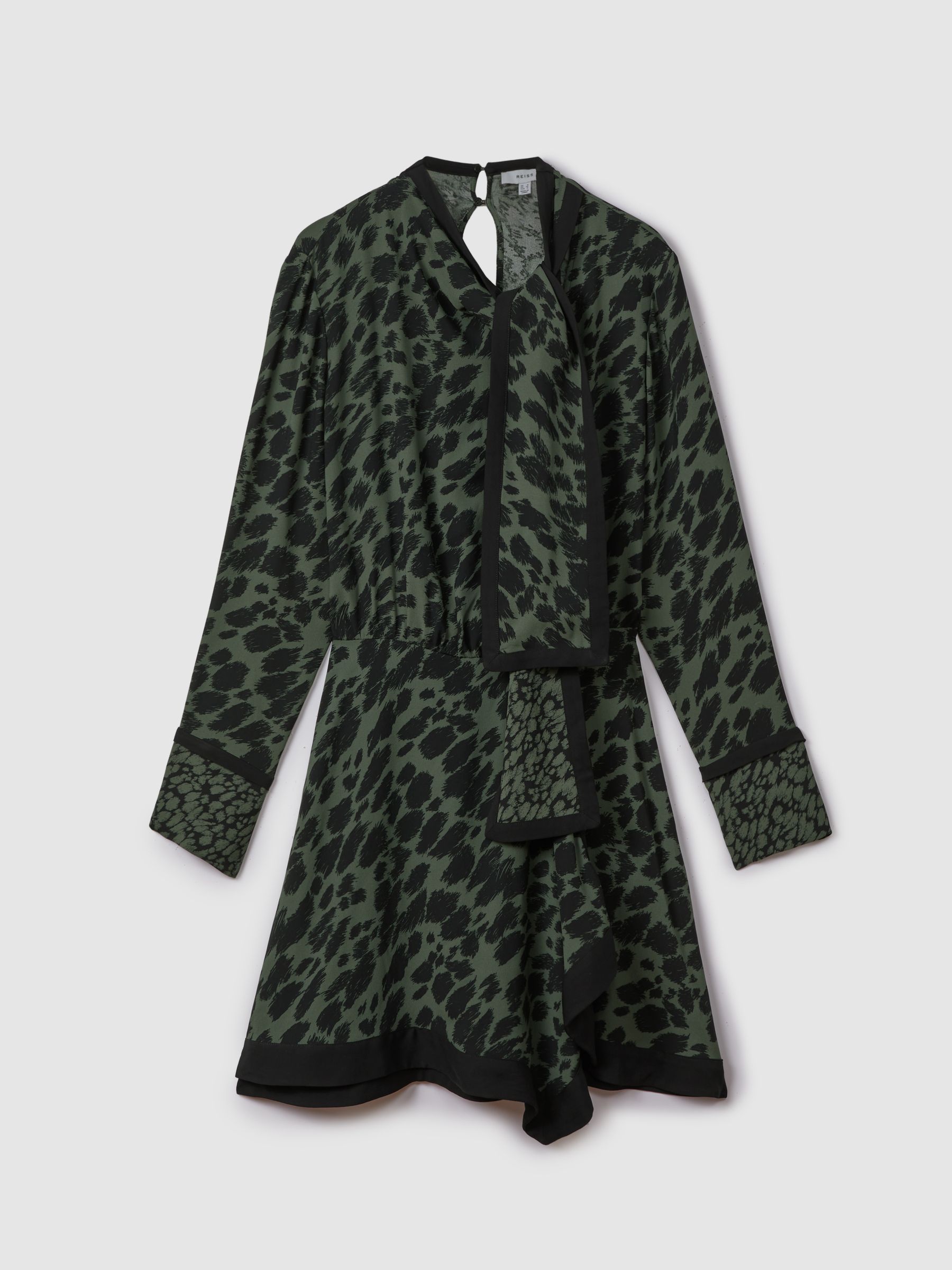 Printed Tie Neck Mini Dress in Black/Dark Khaki