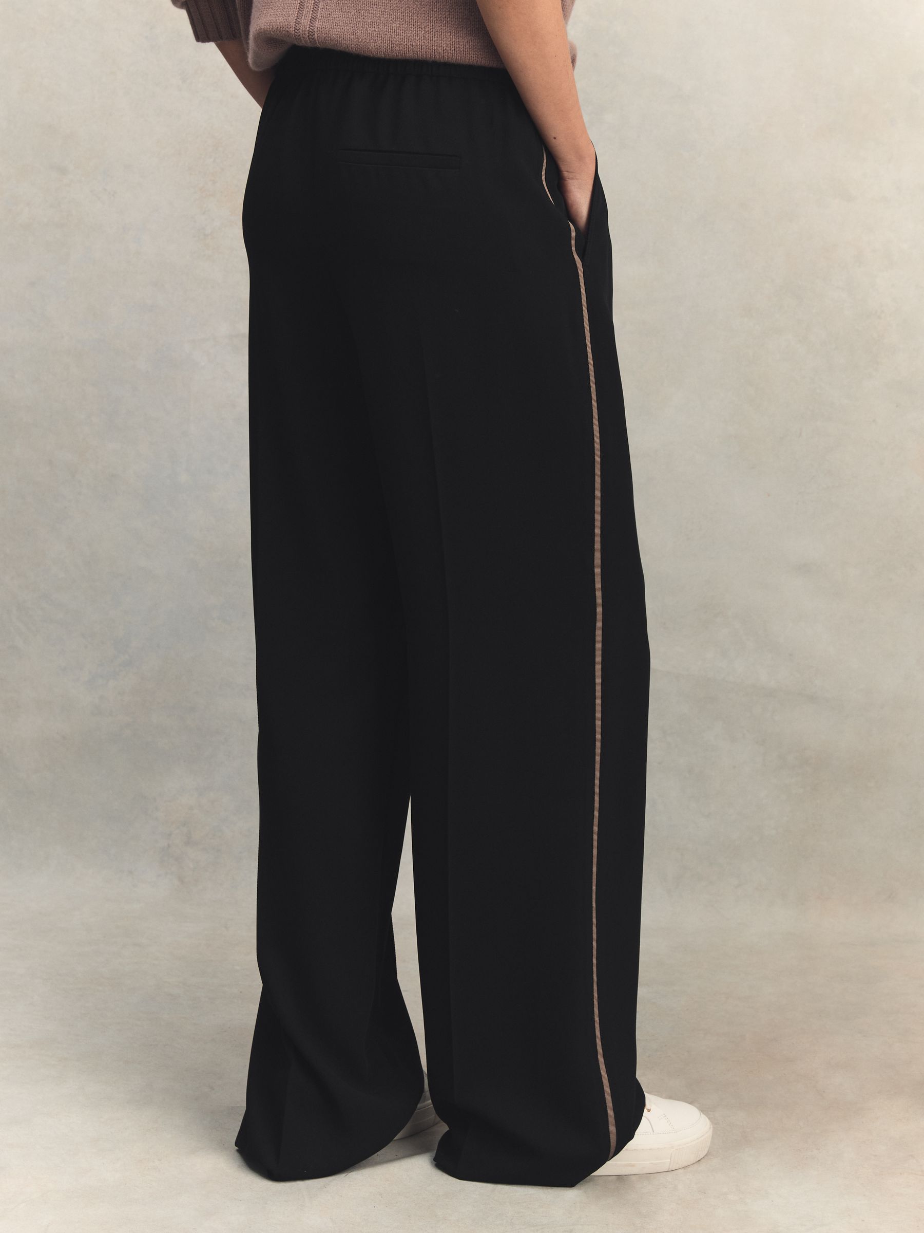 Elasticated Side Stripe Wide Leg Trousers in Black