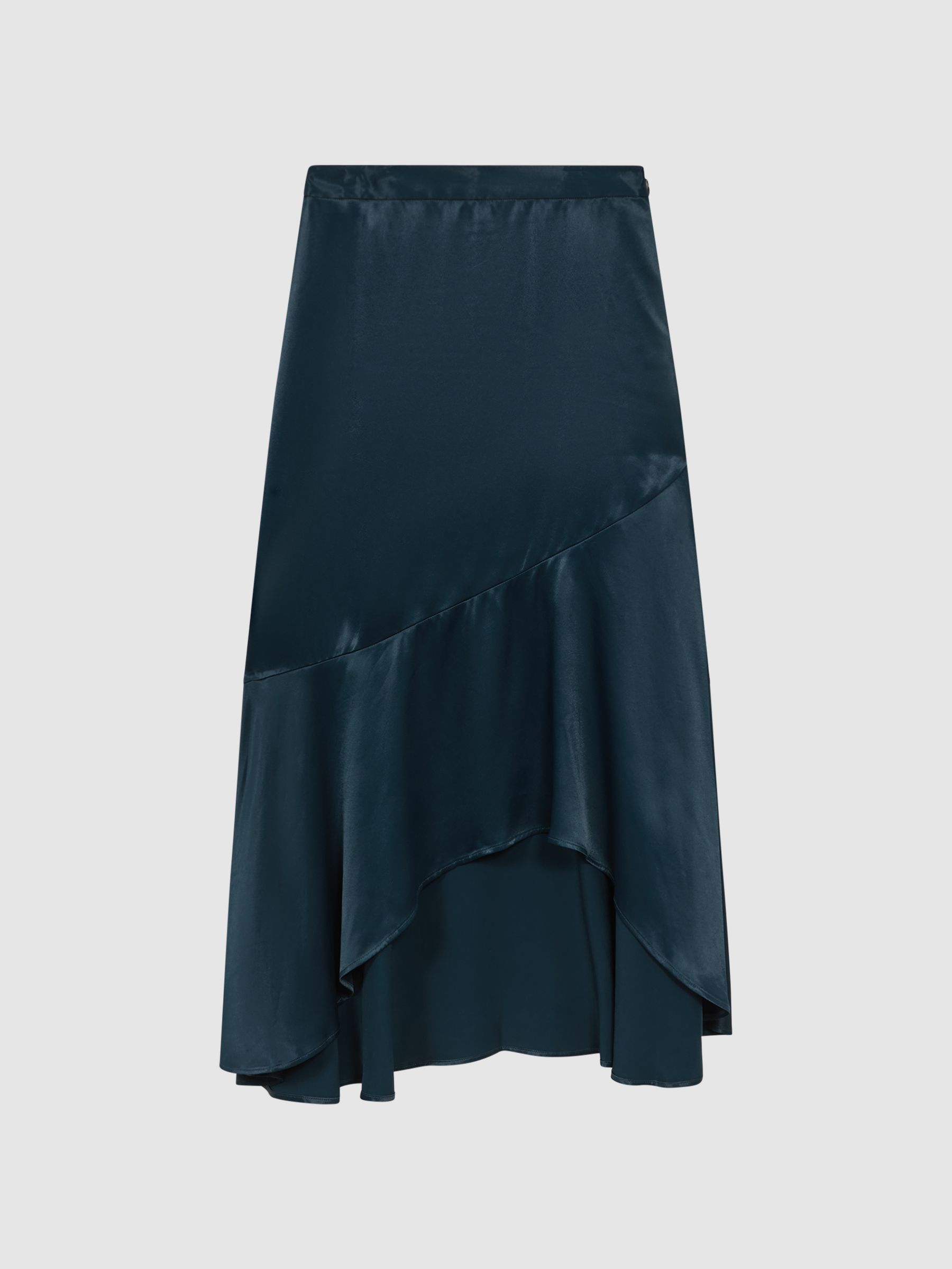 Satin High Rise Midi Skirt in Teal