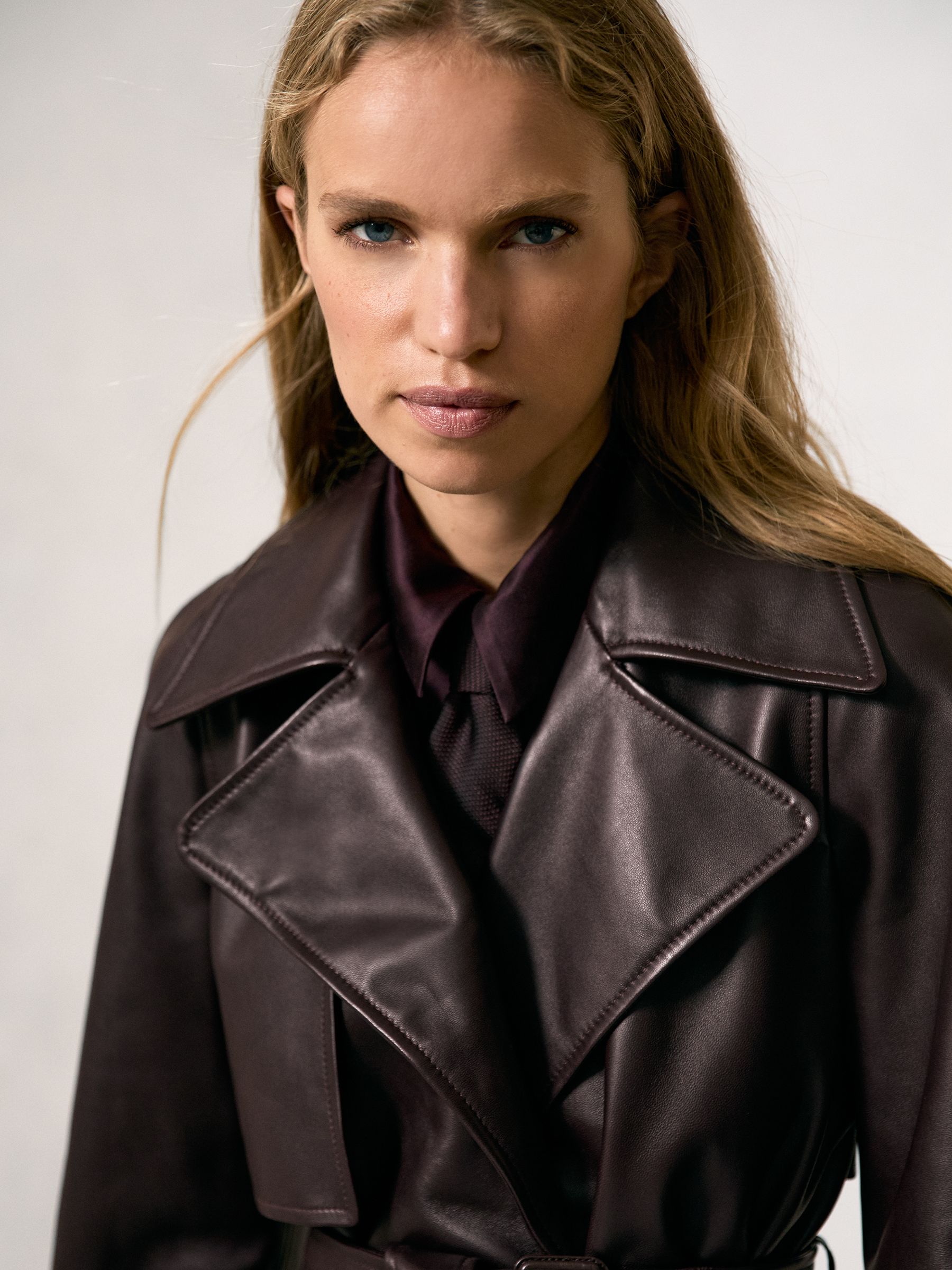 Leather Cropped Trench Jacket in Oxblood Burgundy