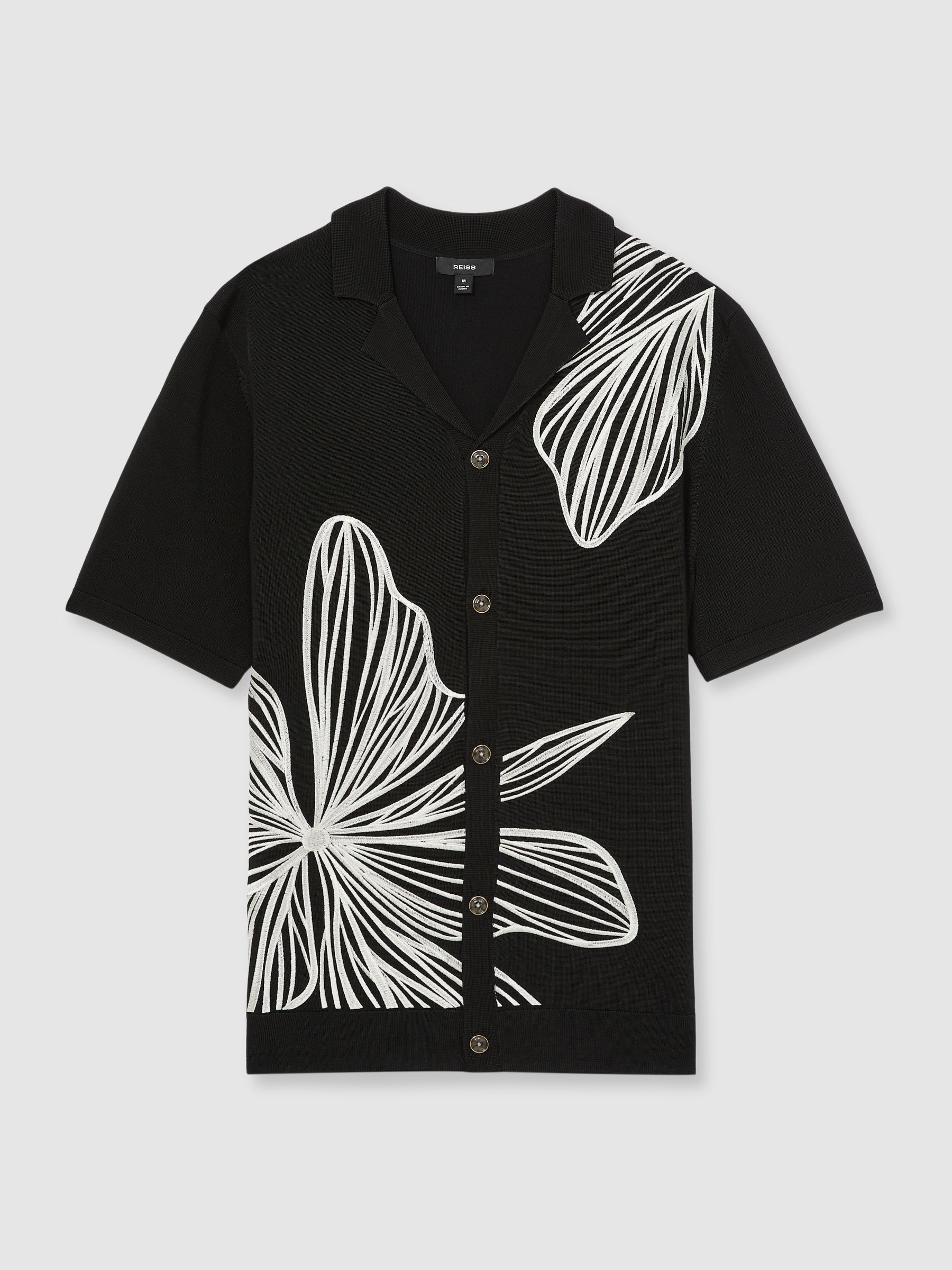 Flower Embroidered Knit Shirt in Black