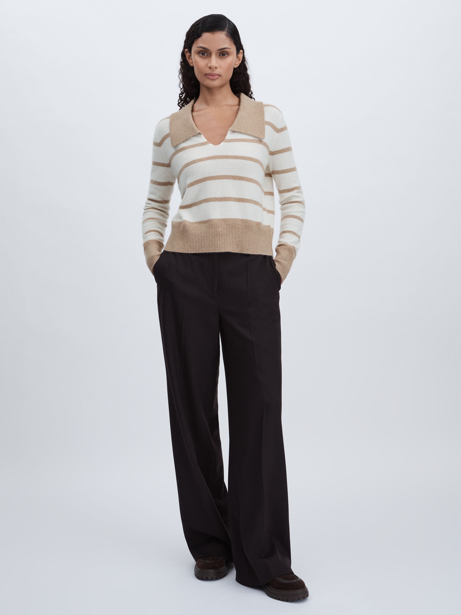 Cashmere Open Collar Striped Jumper in White/Beige