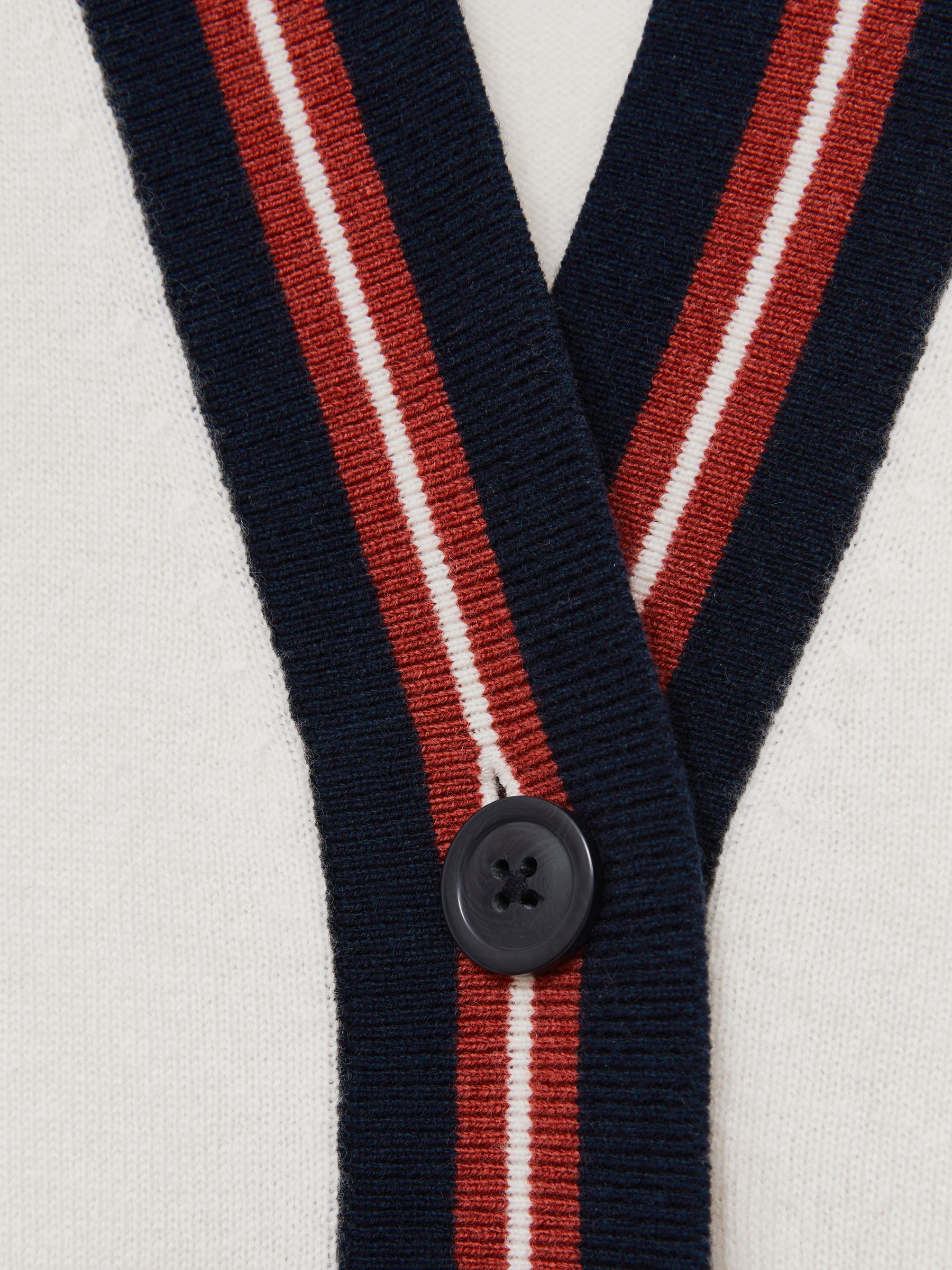 Wool-Cashmere Stripe-Trim Cardigan in White