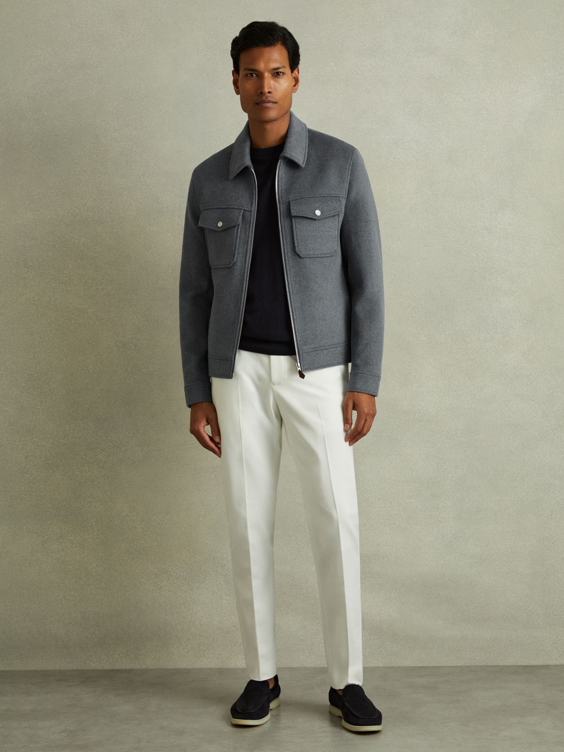 Zip-Through Trucker Jacket with Wool in Sky Blue Melange