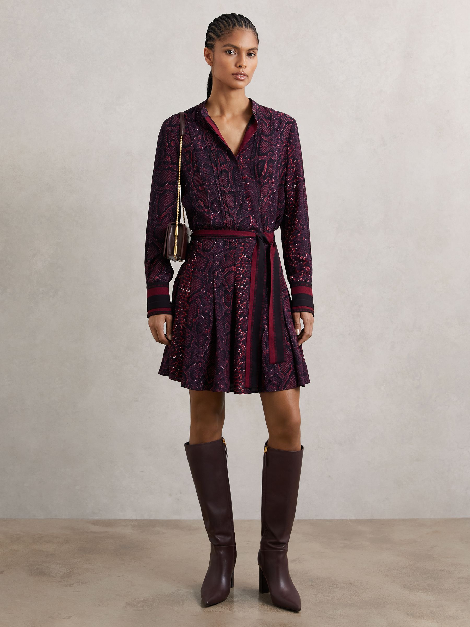 Snake-Print Belted Mini Dress in Burgundy/Black