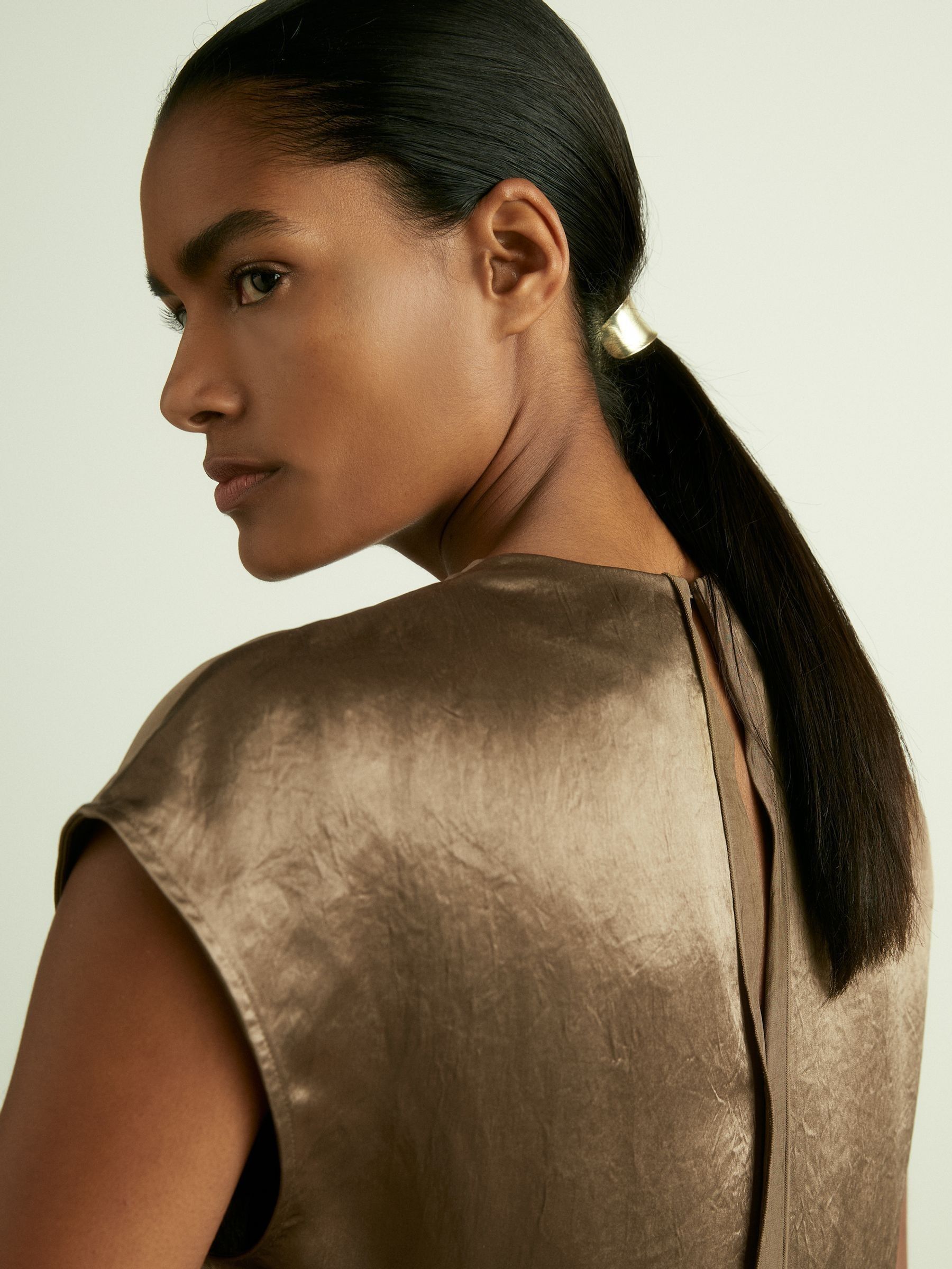 Satin Cowl-Neck Top in Khaki