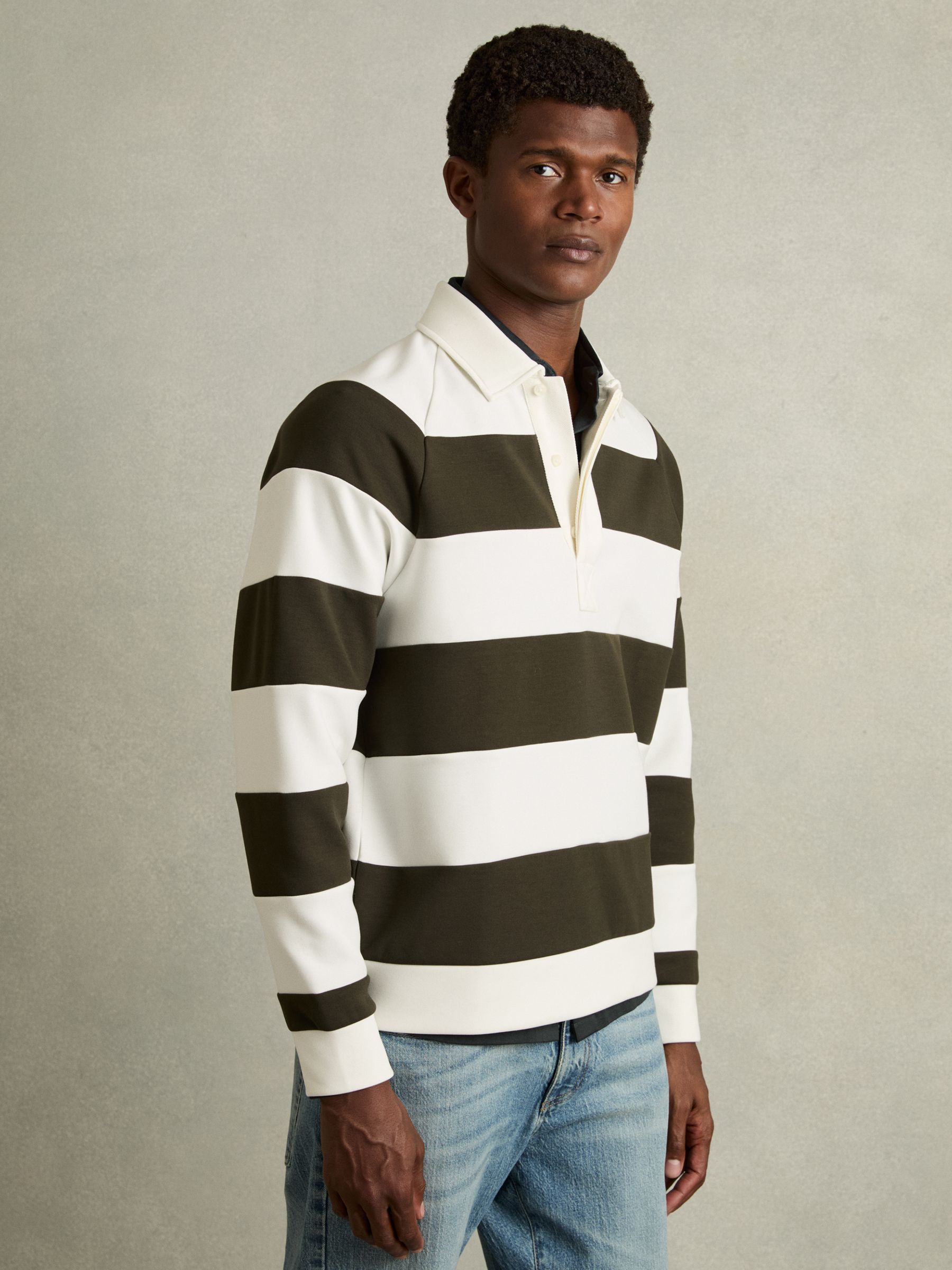 Rugby-Stripe Long-Sleeve T-Shirt in White/Dark Green