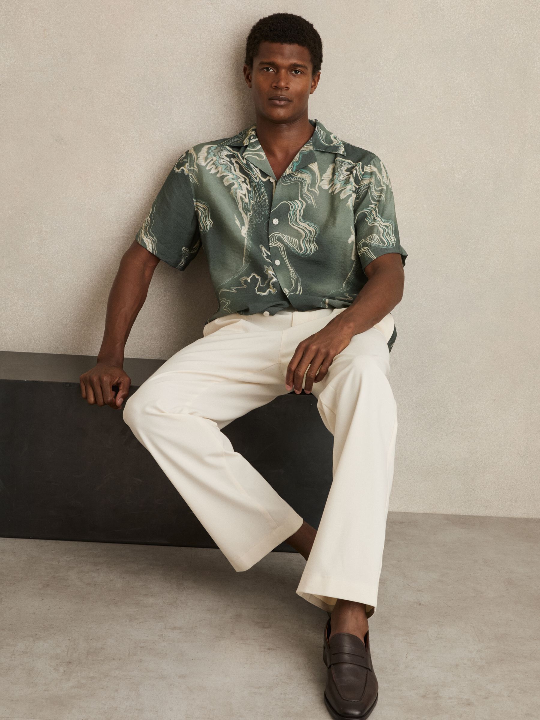 Print Cuban-Collar Shirt in Sage Green