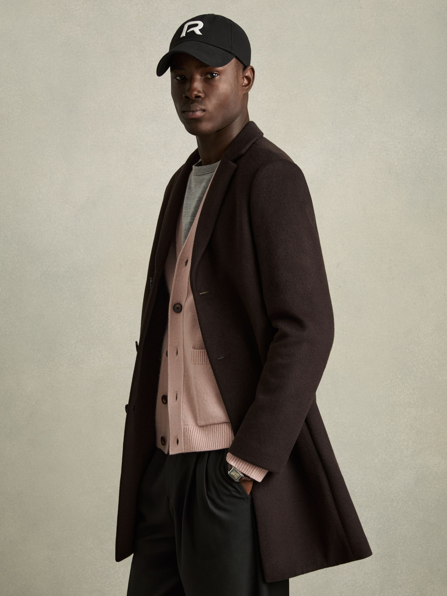 Wool-Blend Ridge-Seam Cardigan in Soft Pink