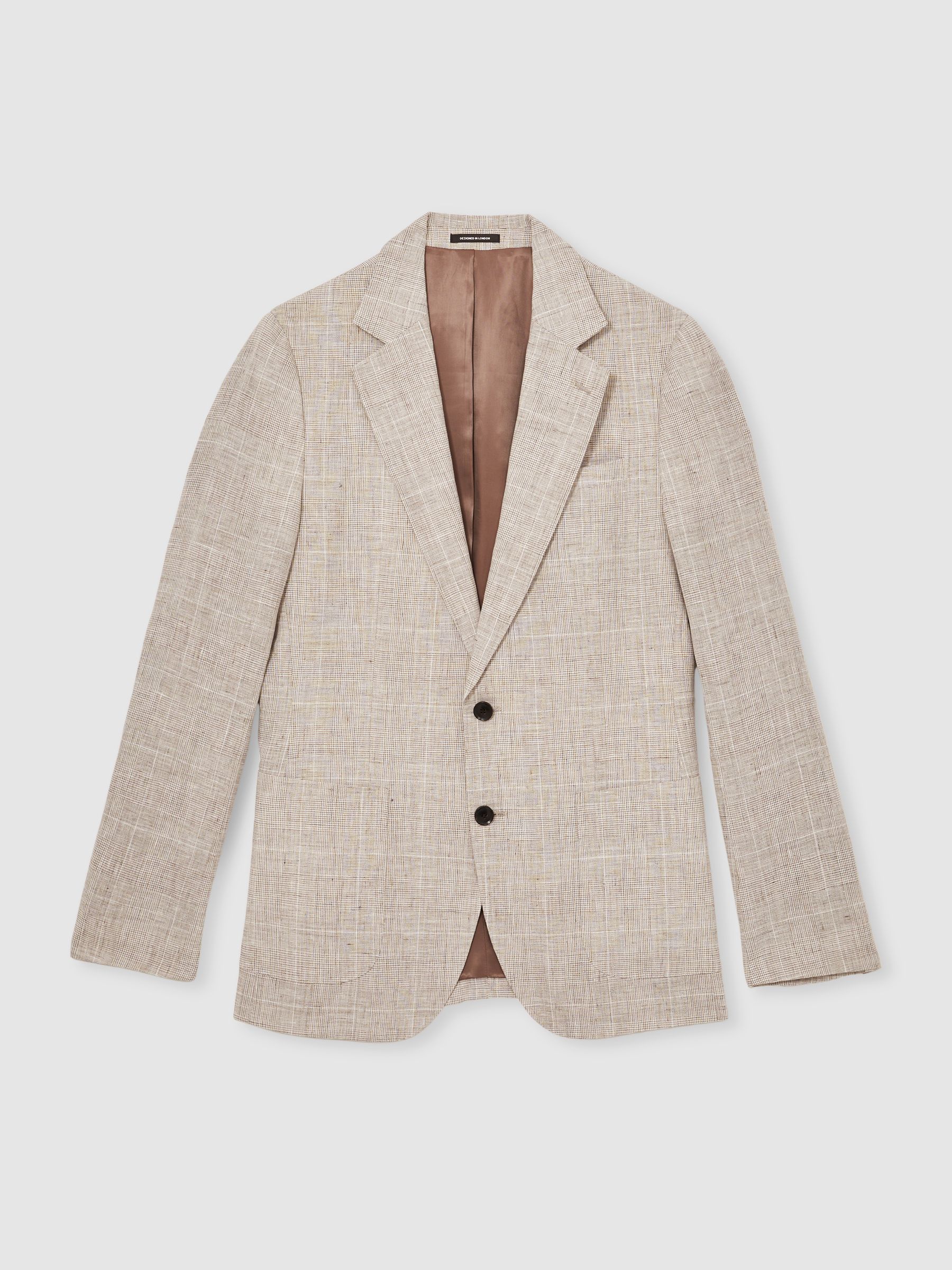 Slim Fit Linen Single Breasted Check Suit Blazer in Oatmeal