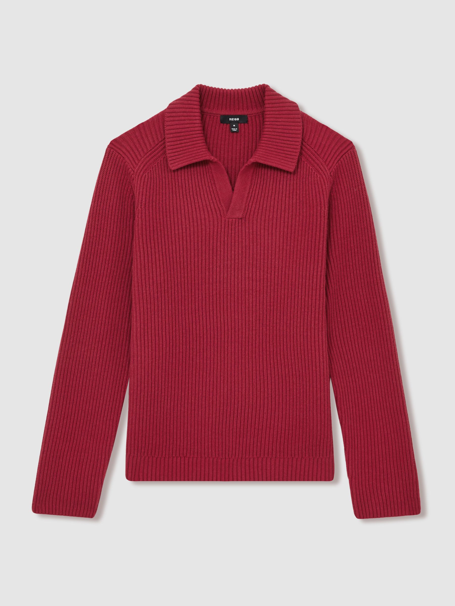 Rib Knit Open Collar Polo Shirt in Red