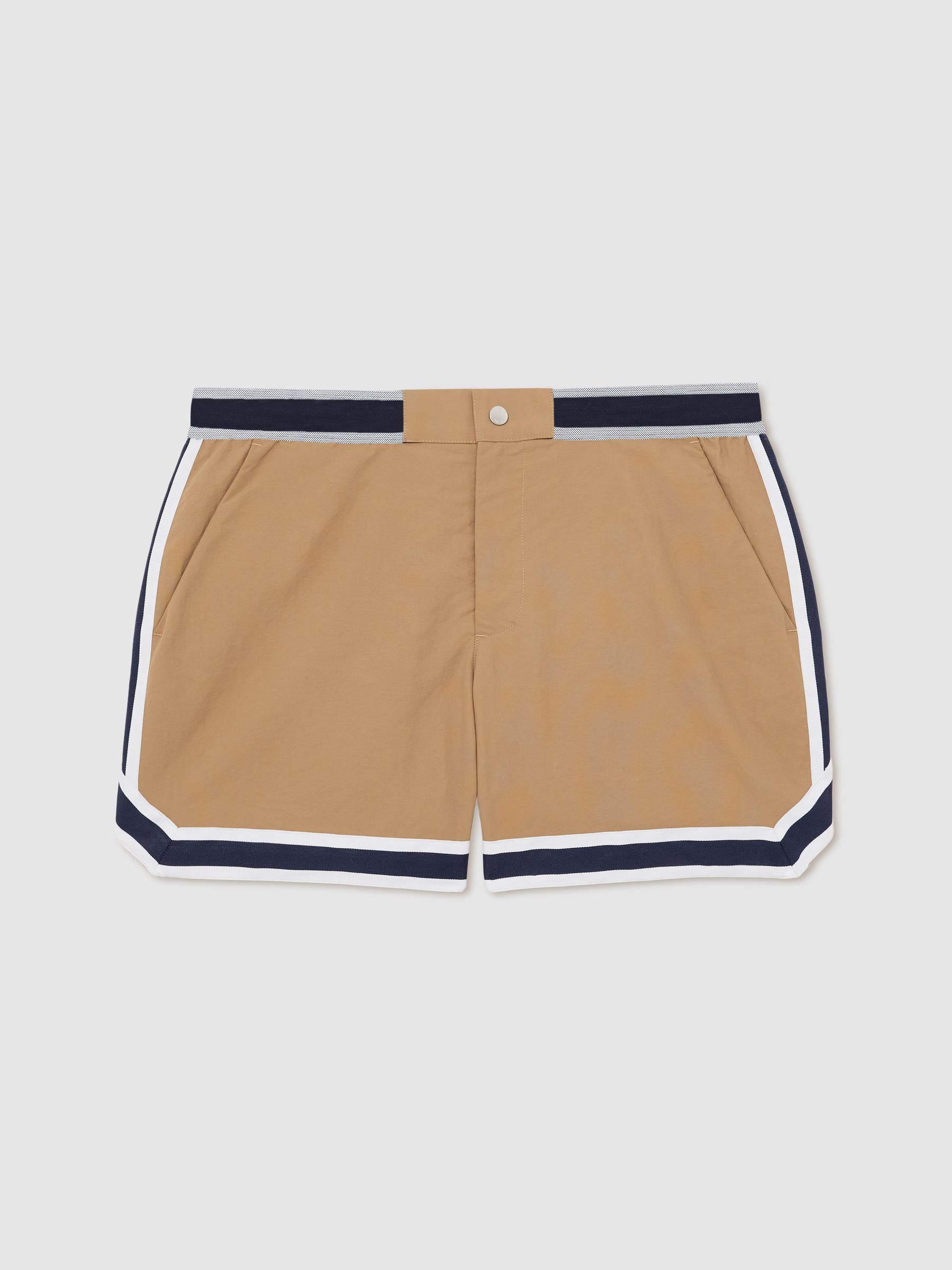 Reiss | Ché Stripe-Trim Swim Shorts in Camel