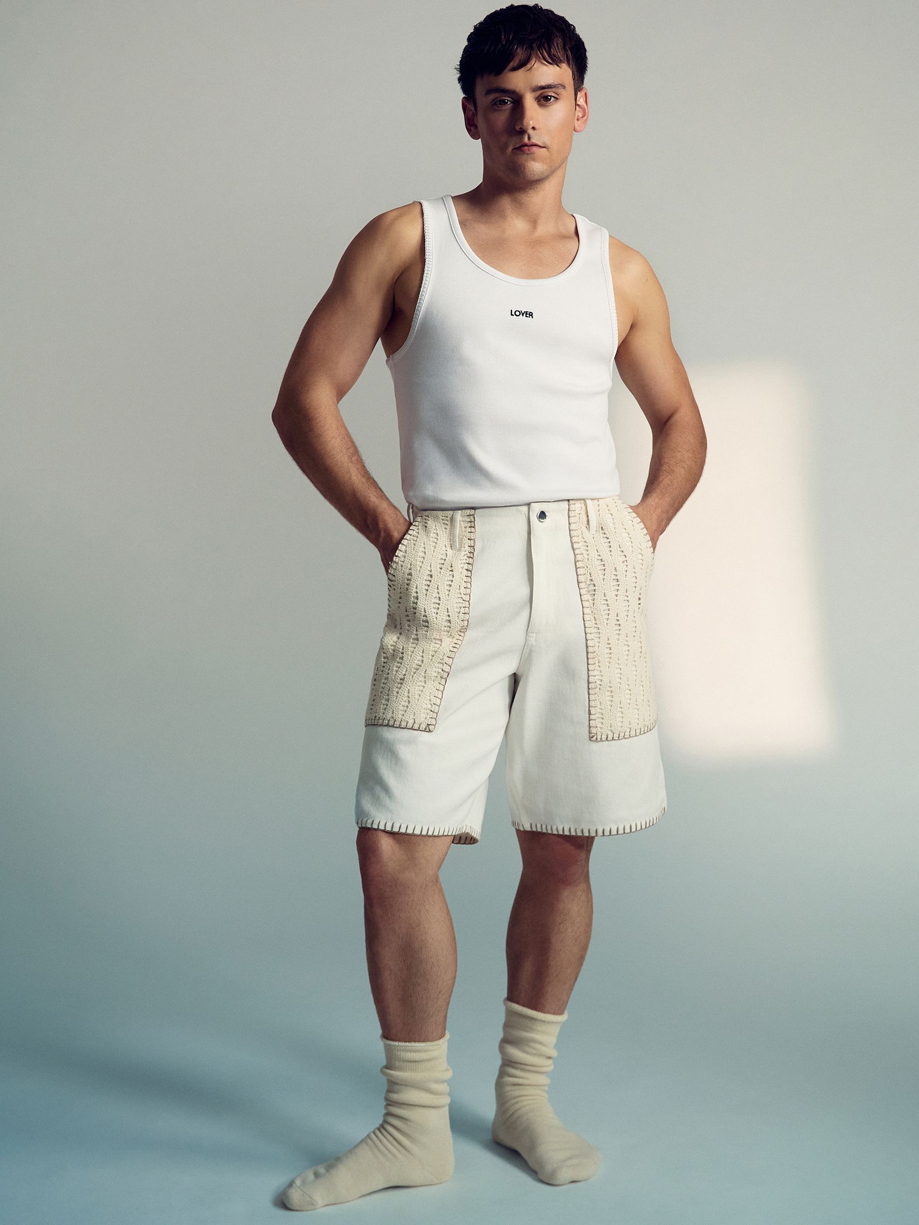 Reiss | Tom Daley Crochet Denim Shorts in Off White