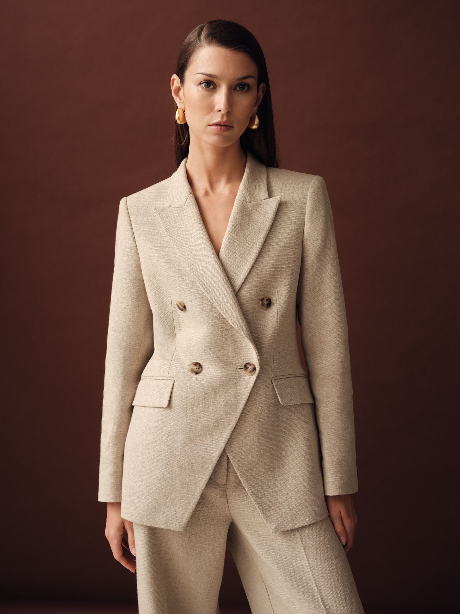 Petite Linen-Blend Double-Breasted Suit Jacket in Neutral