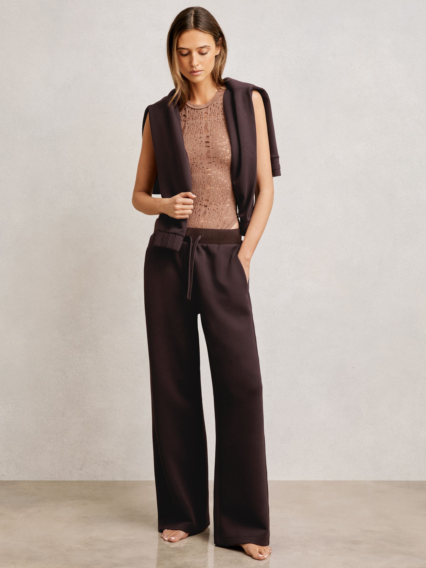 Wide-Leg Interlock Drawstring Joggers in Plum