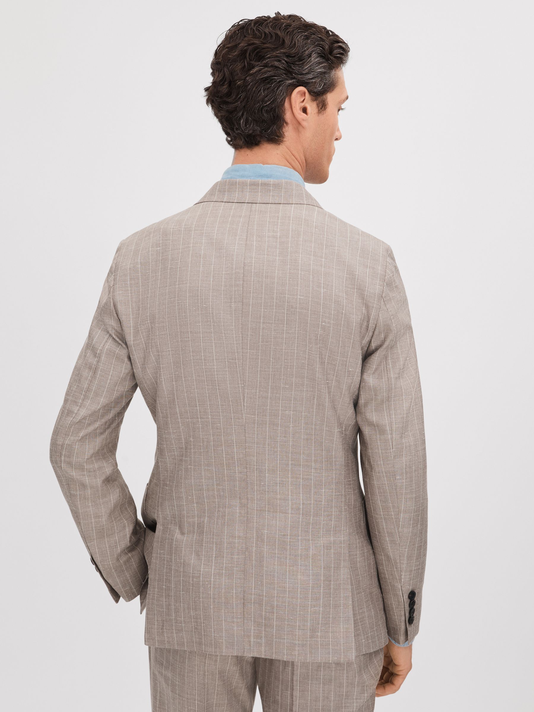 Slim Fit Wool-Silk-Linen Double Breasted Blazer in Mocha