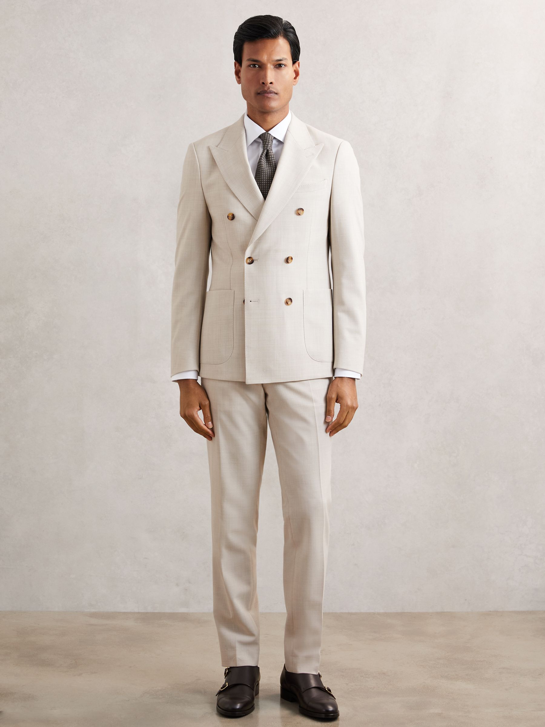 Double-Breasted Textured Suit Blazer Slim-Fit With Wool in Stone