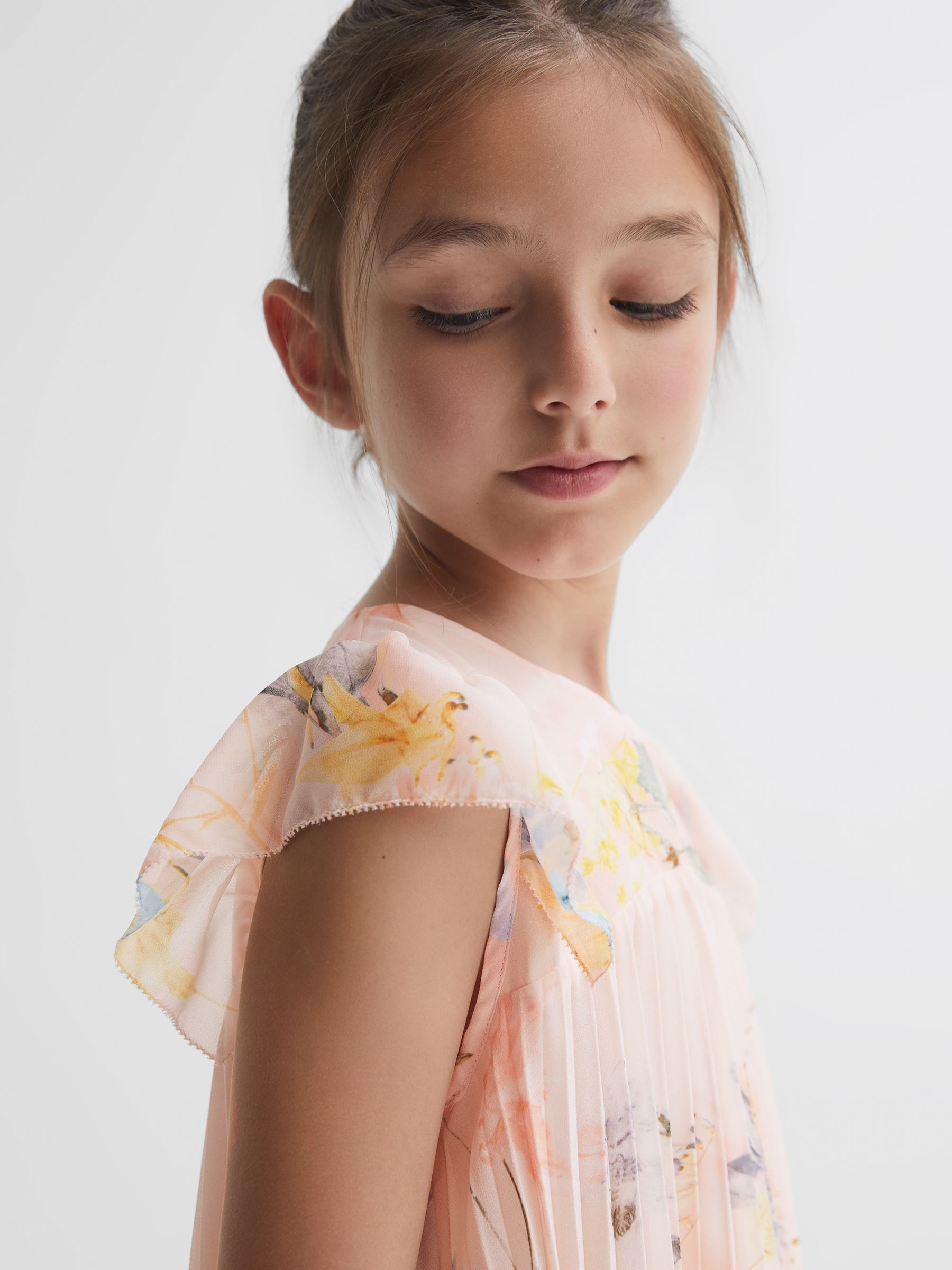 9-14 yrs Floral Pleated Cap Sleeve Dress in Pink