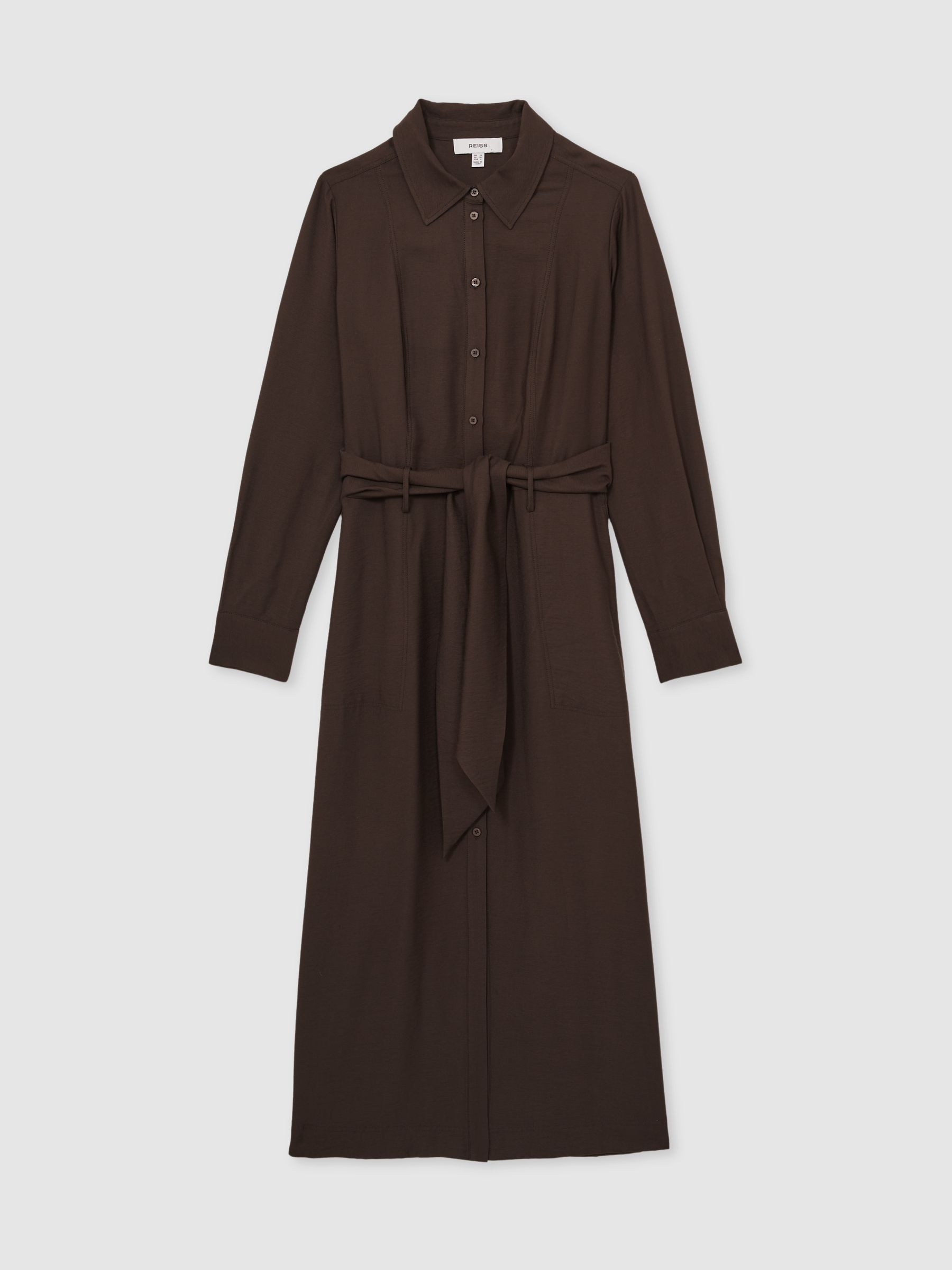 Long-Sleeve Belted Midi Dress in Charcoal