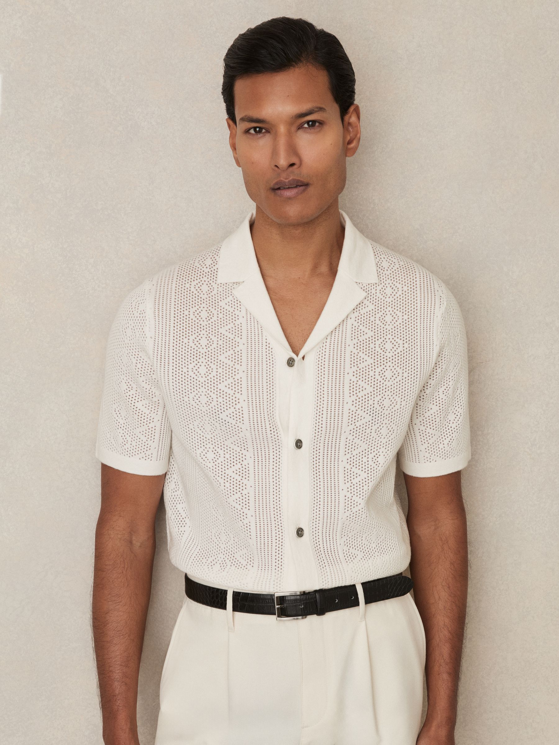 Textured-Knit Short-Sleeve Shirt in White