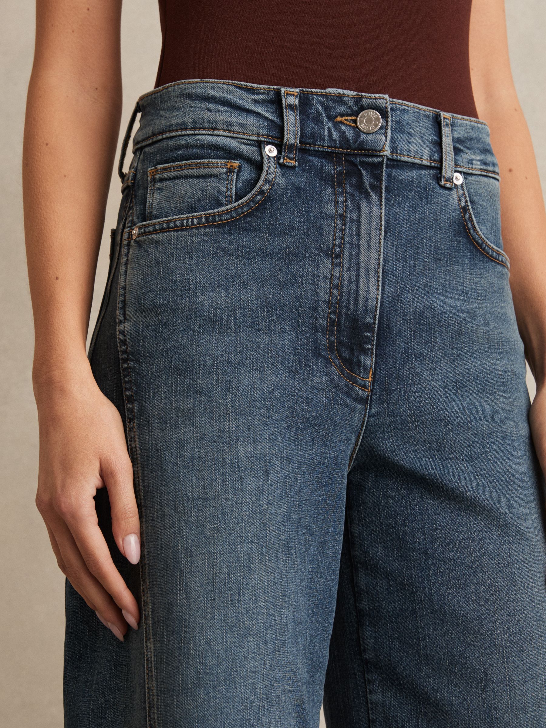 Petite Twist Seam Wide Leg Jeans in Mid Blue