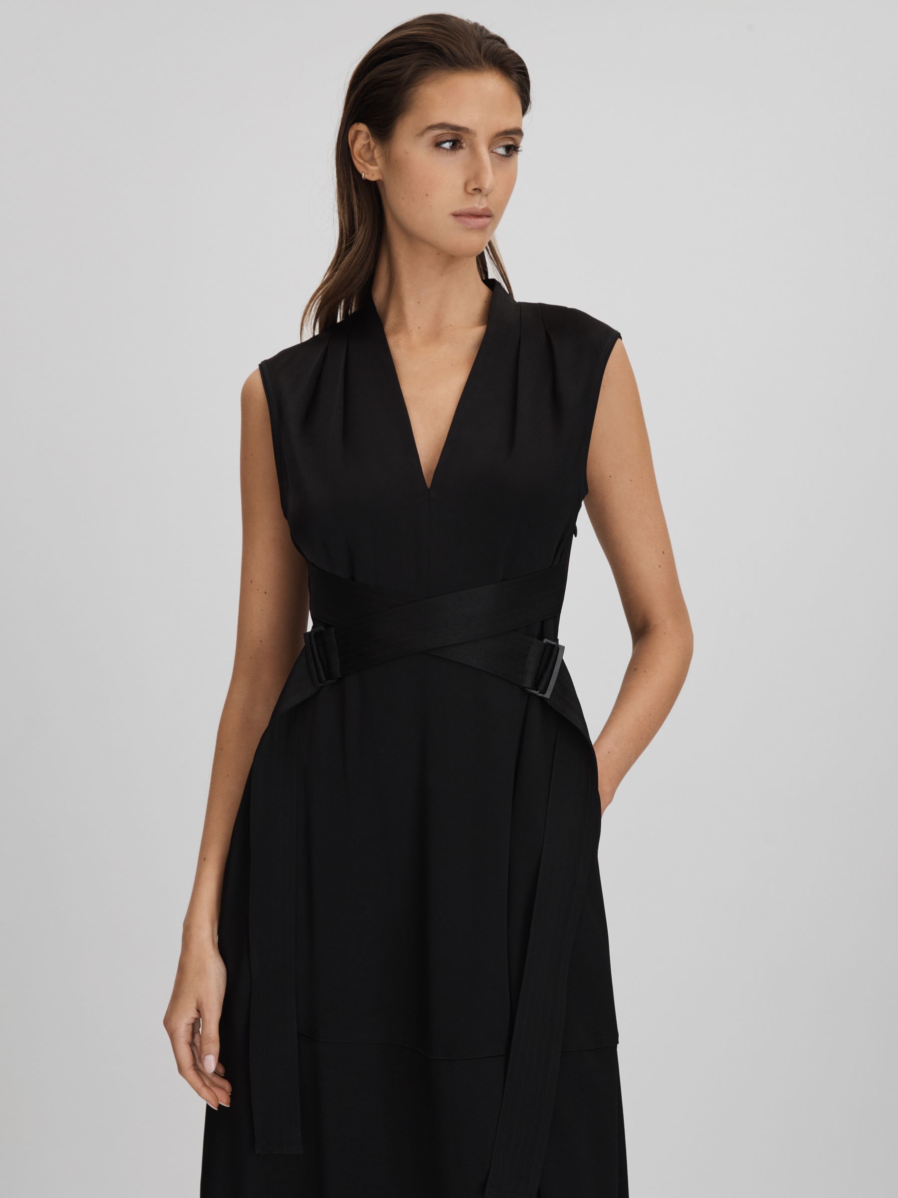 Strappy Asymmetric Midi Dress in Black
