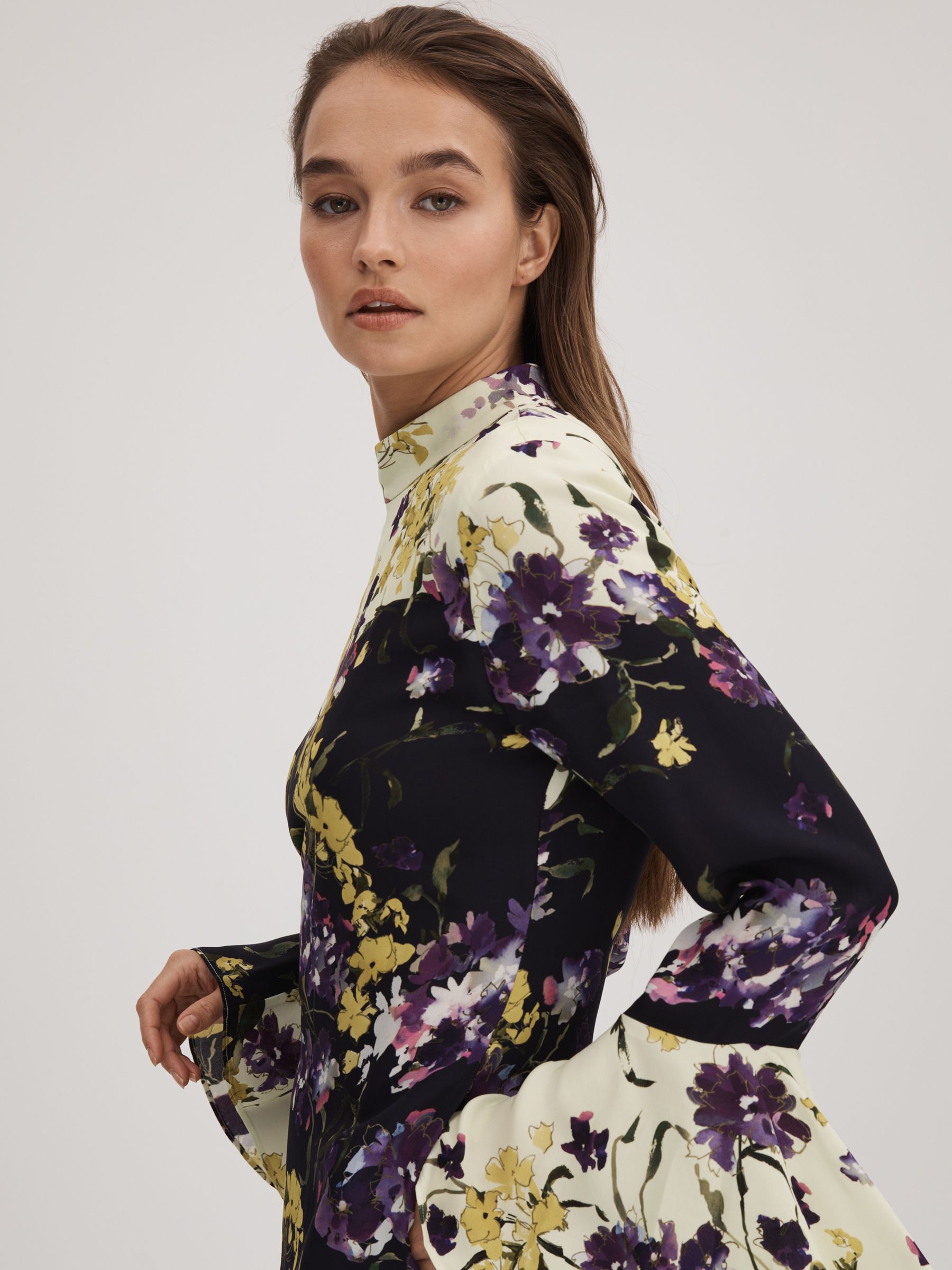 Florere Printed Fluted Cuff Midi Dress in Multi