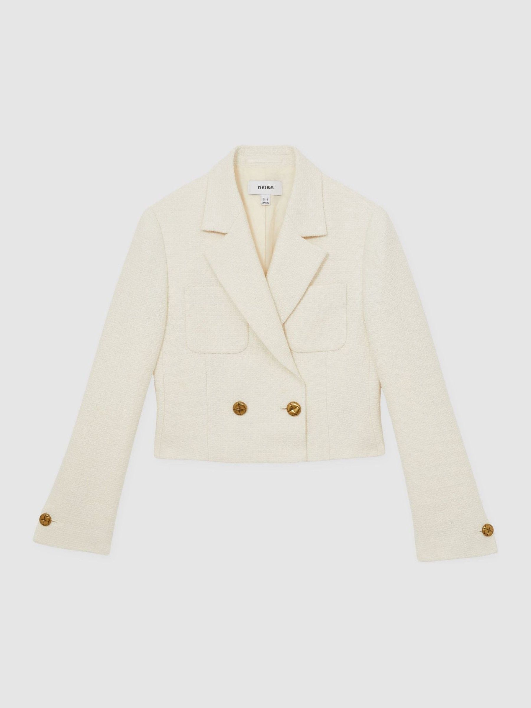 Double-Breasted Textured Cropped Blazer with Wool and Cotton in White