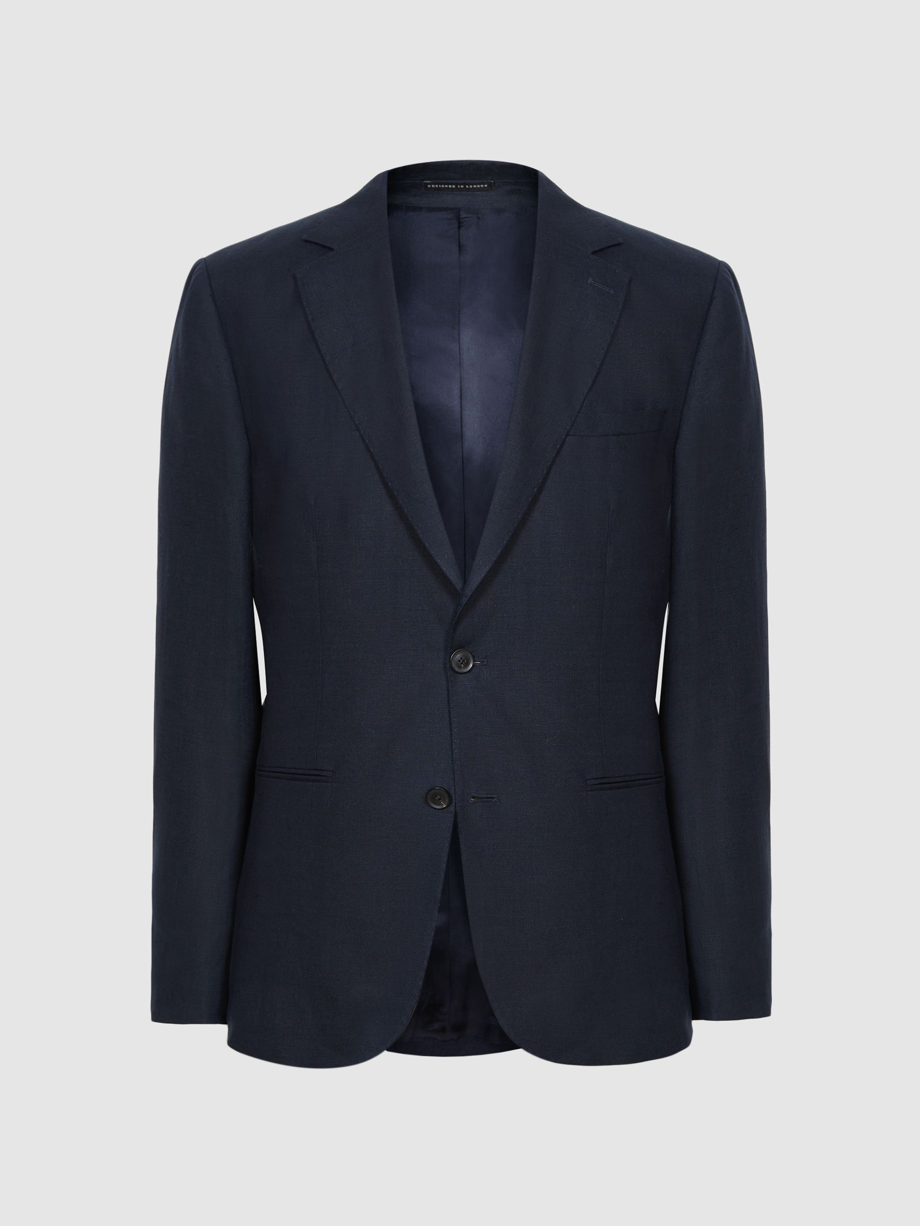 Slim Fit Single Breasted Linen Blazer in Navy