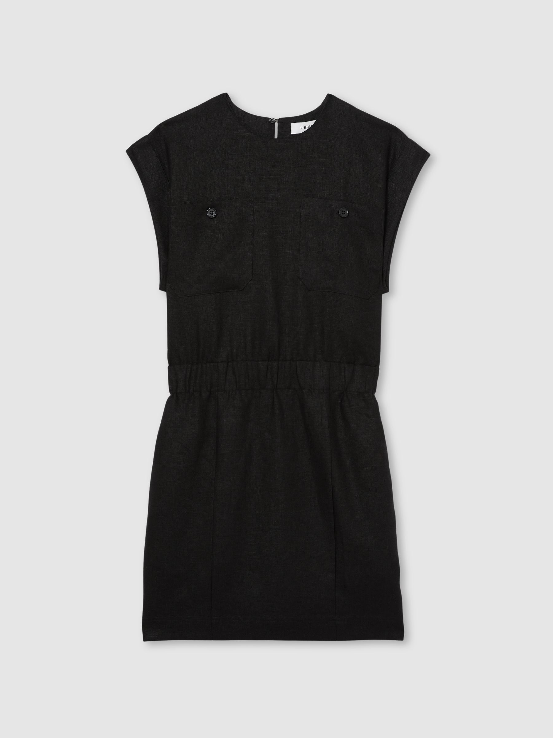 Linen Short Sleeve Mini Dress in Black