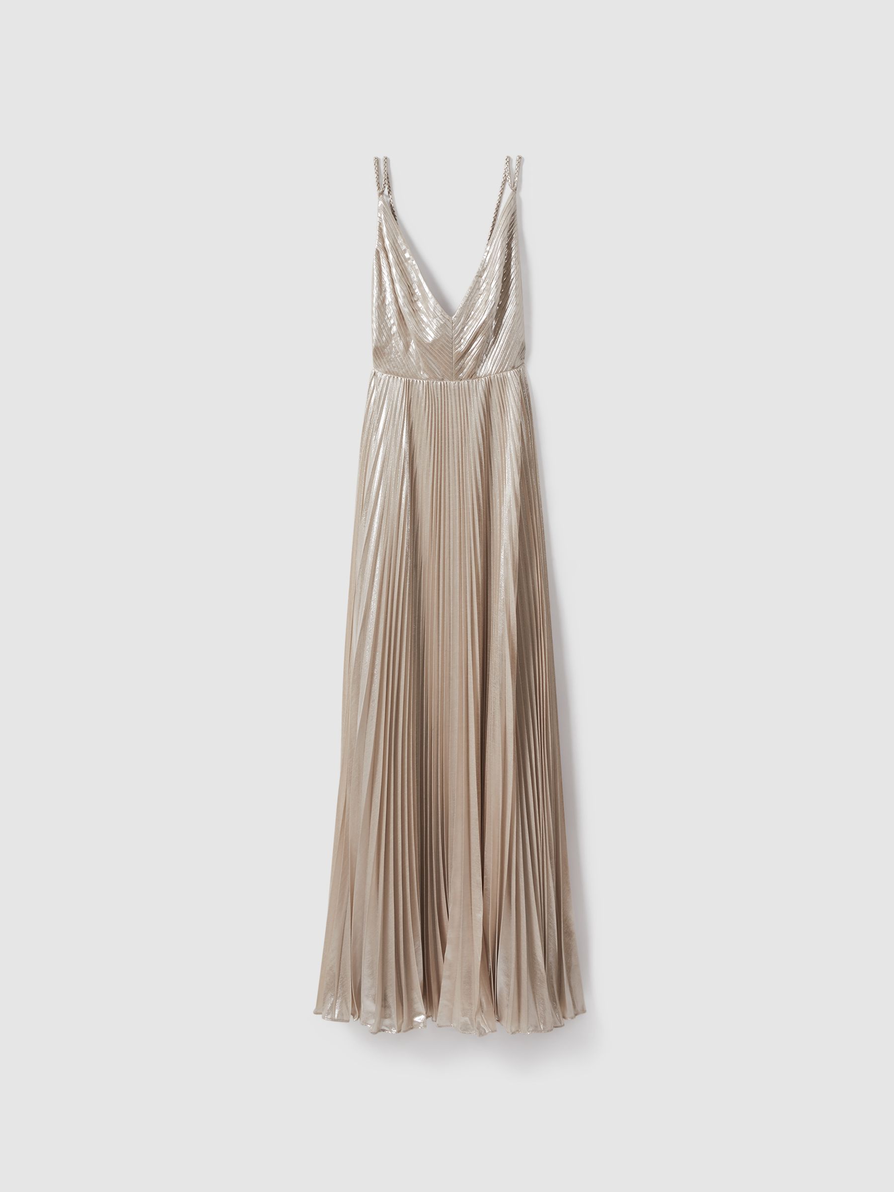Halston Metallic Pleated Maxi Dress in Nude