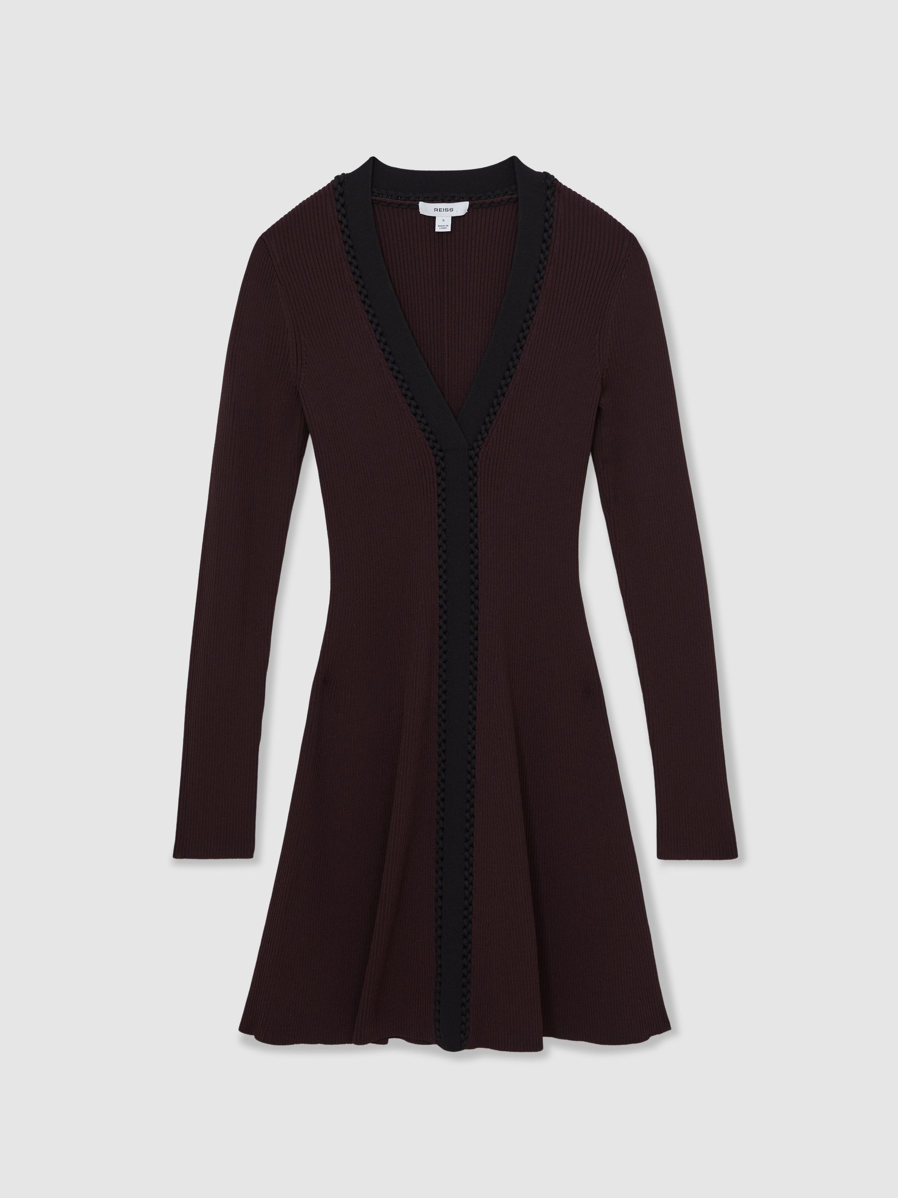 Craft-Stitch Rib-Knit Mini Dress in Burgundy/Black