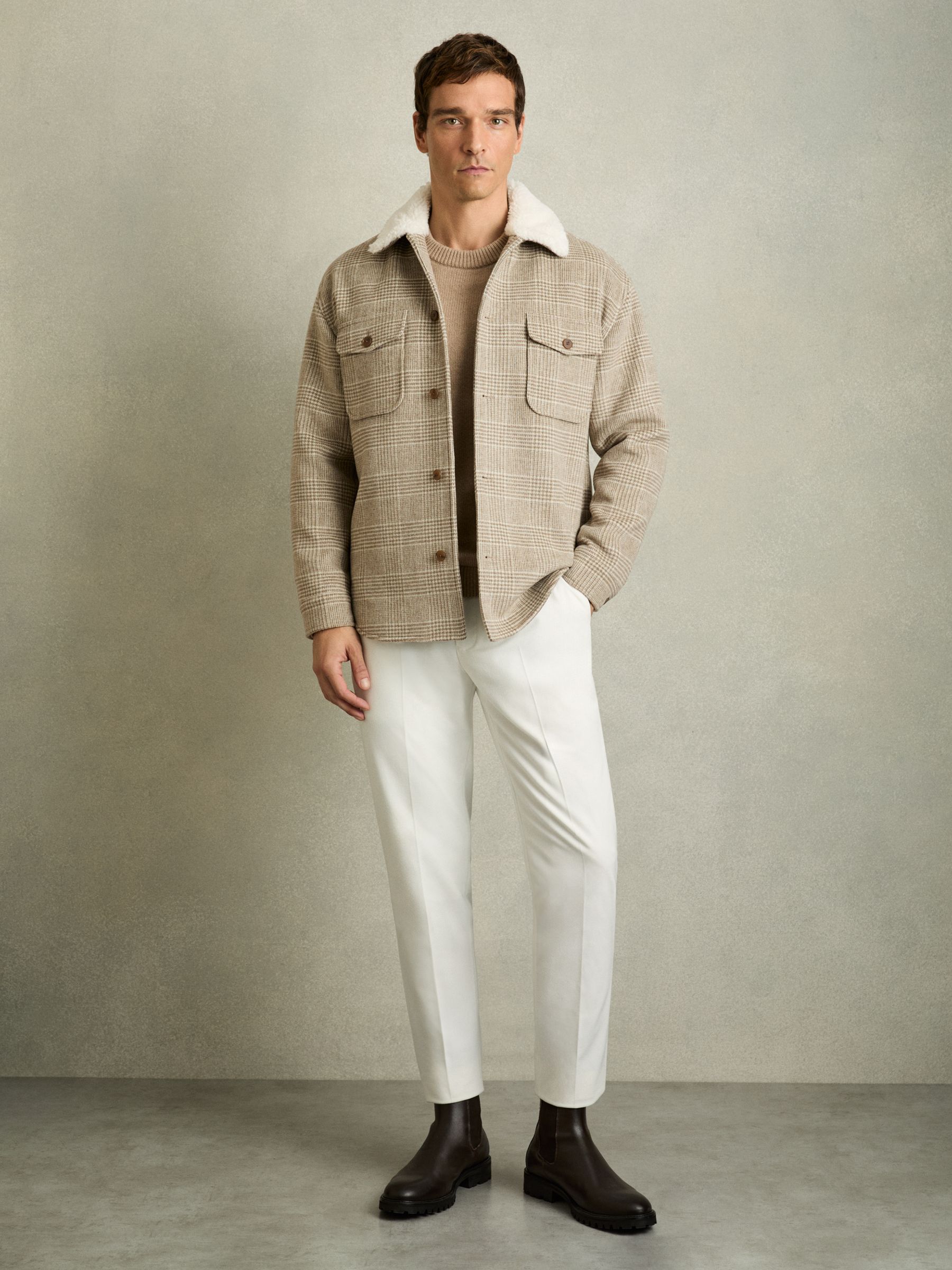 Wool-Blend Borg-Collar Check Overshirt in Oatmeal