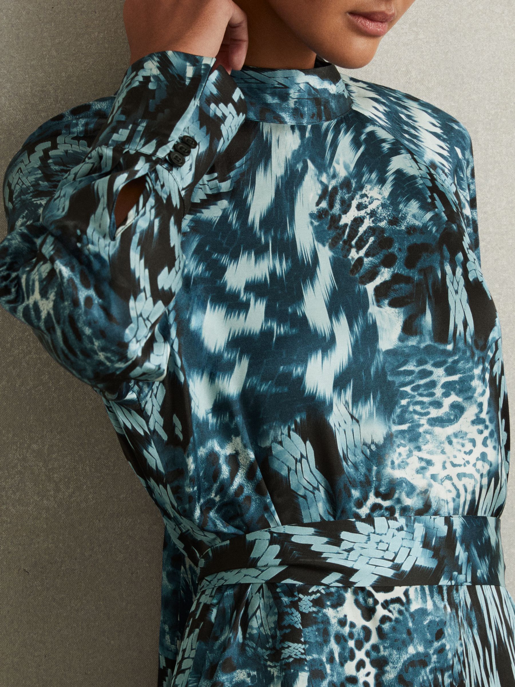 Ester Teal Printed Belted Tie Neck Mini Dress