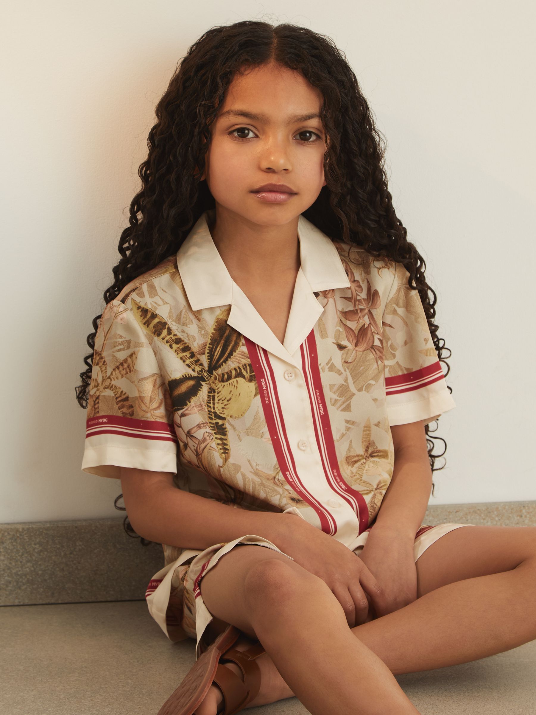 13-14 yrs Reiss | NYBG Satin Floral-Print Shirt in Khaki