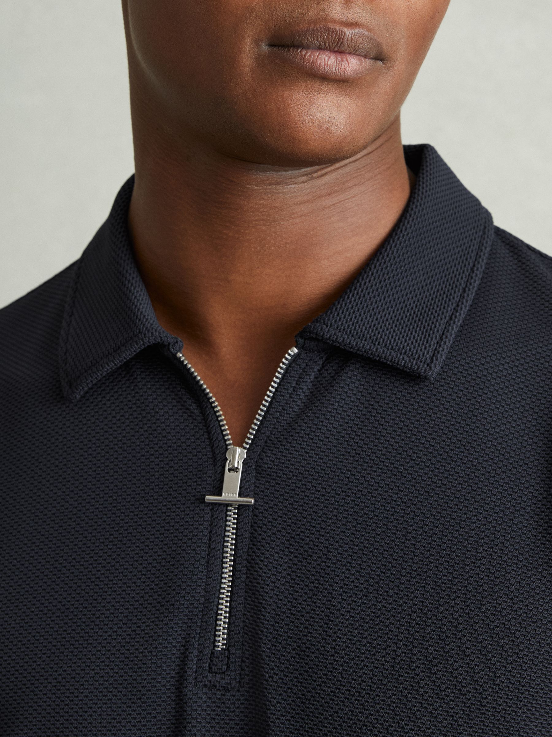 Textured Zip-Neck Polo Shirt in Navy