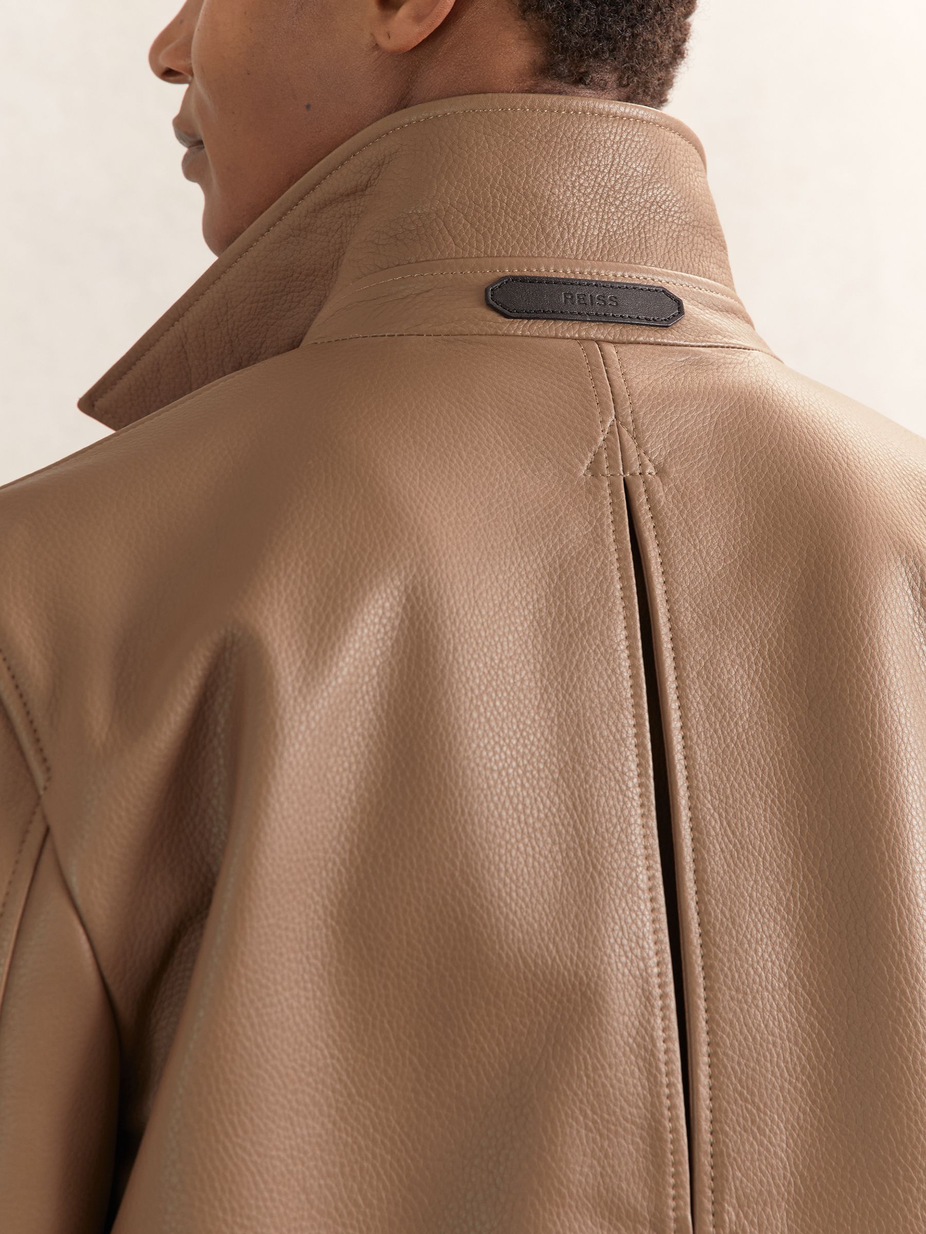 Tumbled-Leather Harrington Jacket in Tan Brown