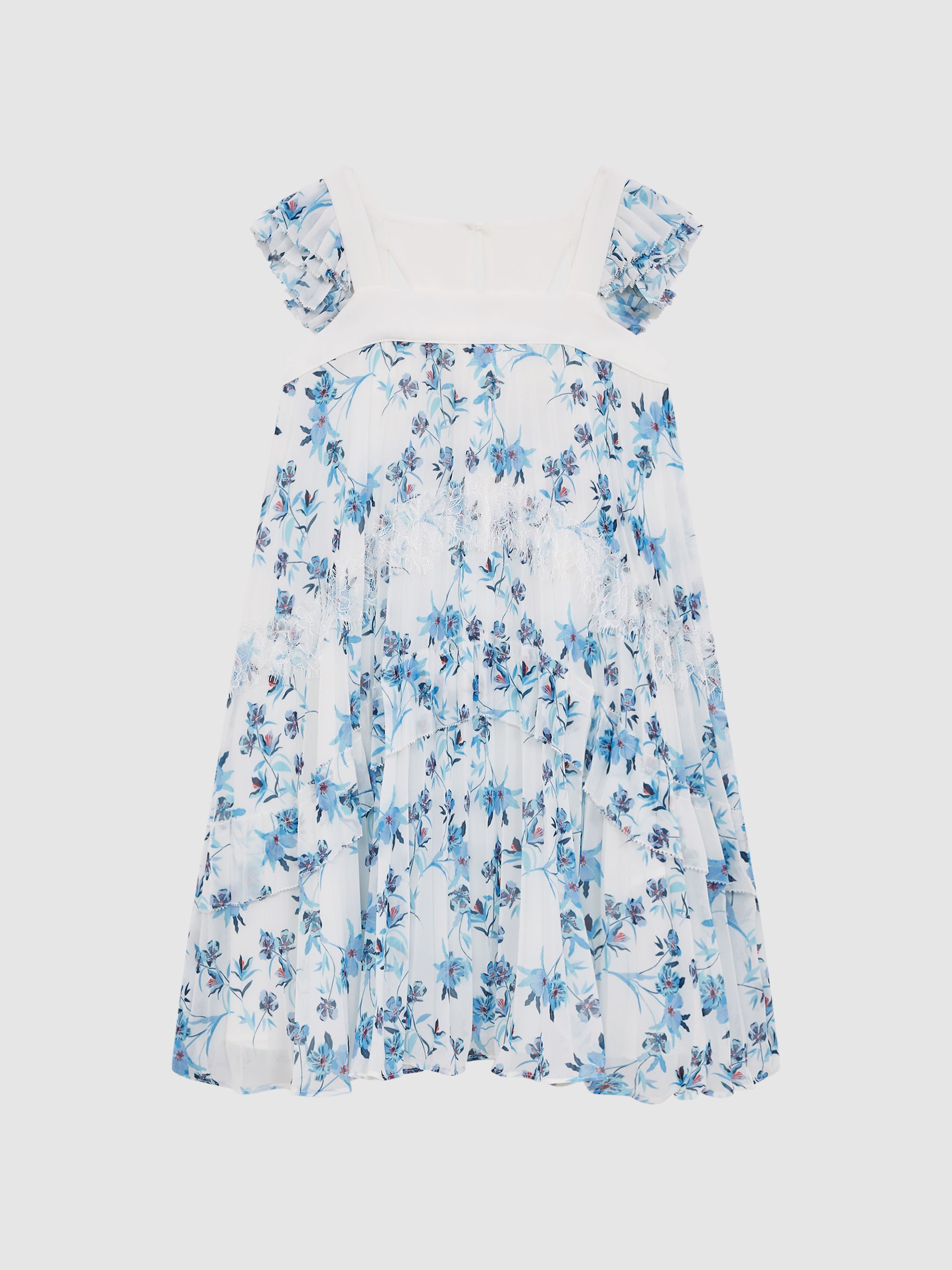 Floral Printed Pleated Dress in Blue Print