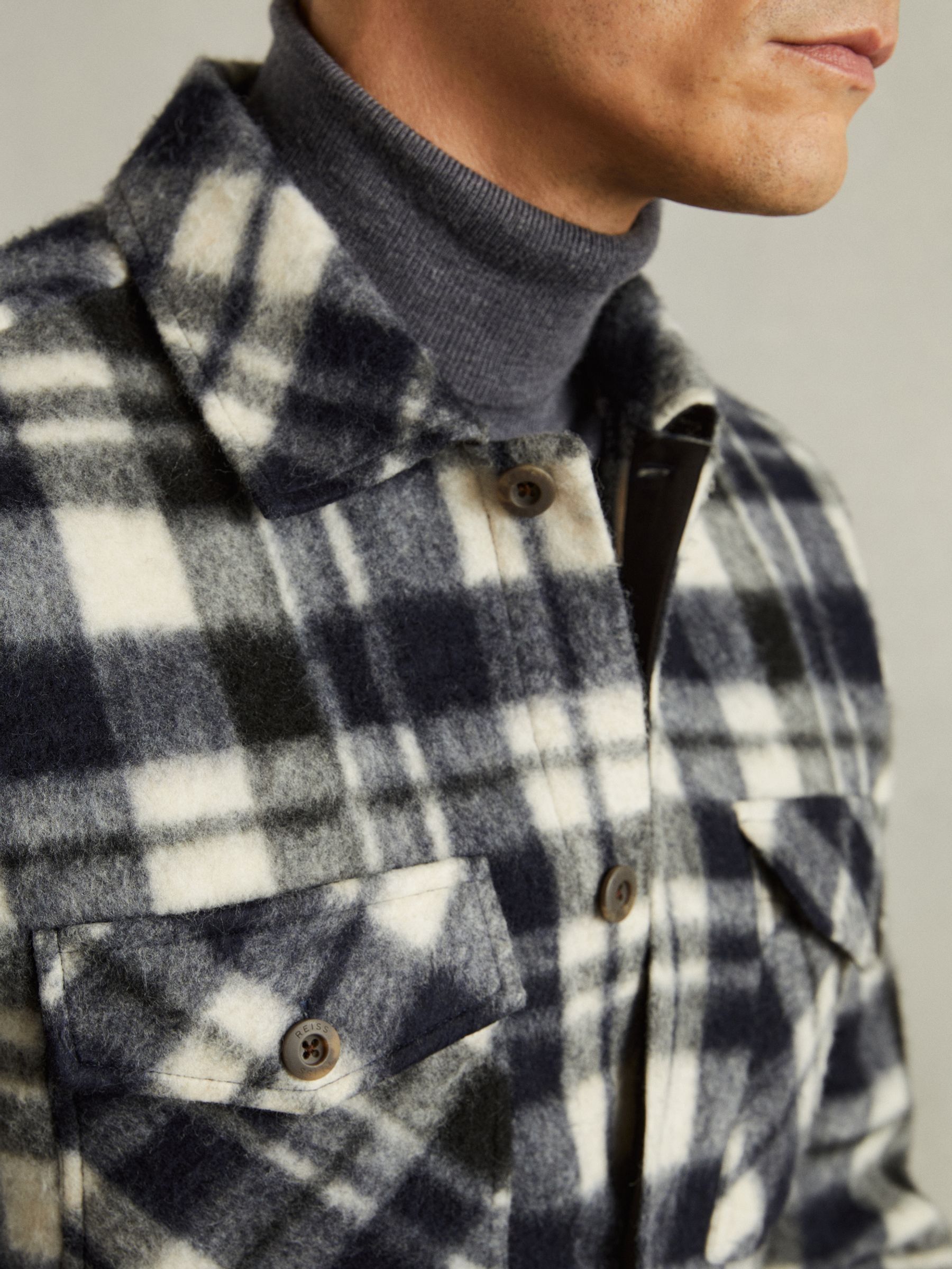 Patch-Pocket Checked Overshirt in Navy