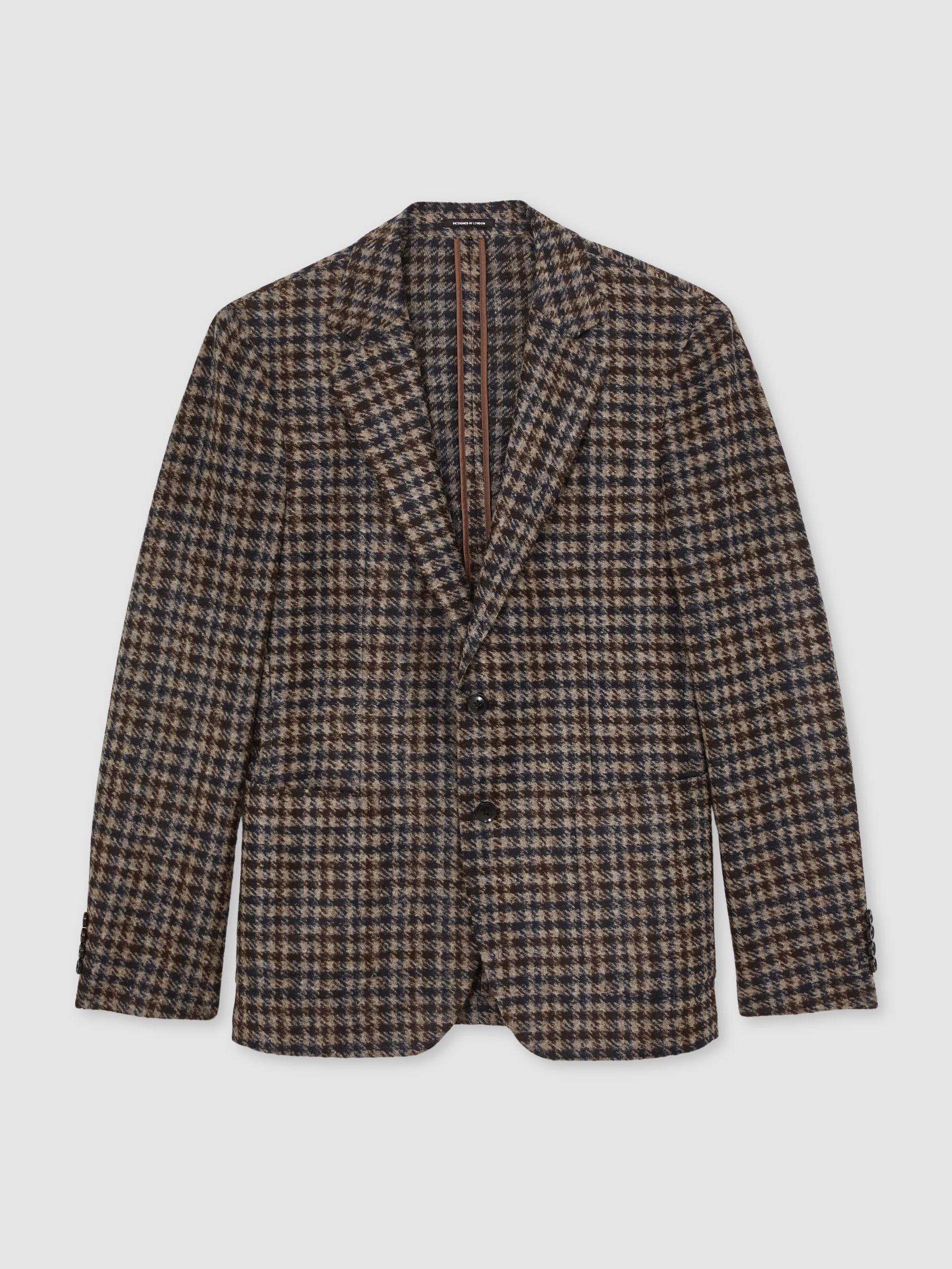 Wool-Blend Dogtooth Check Blazer in Brown