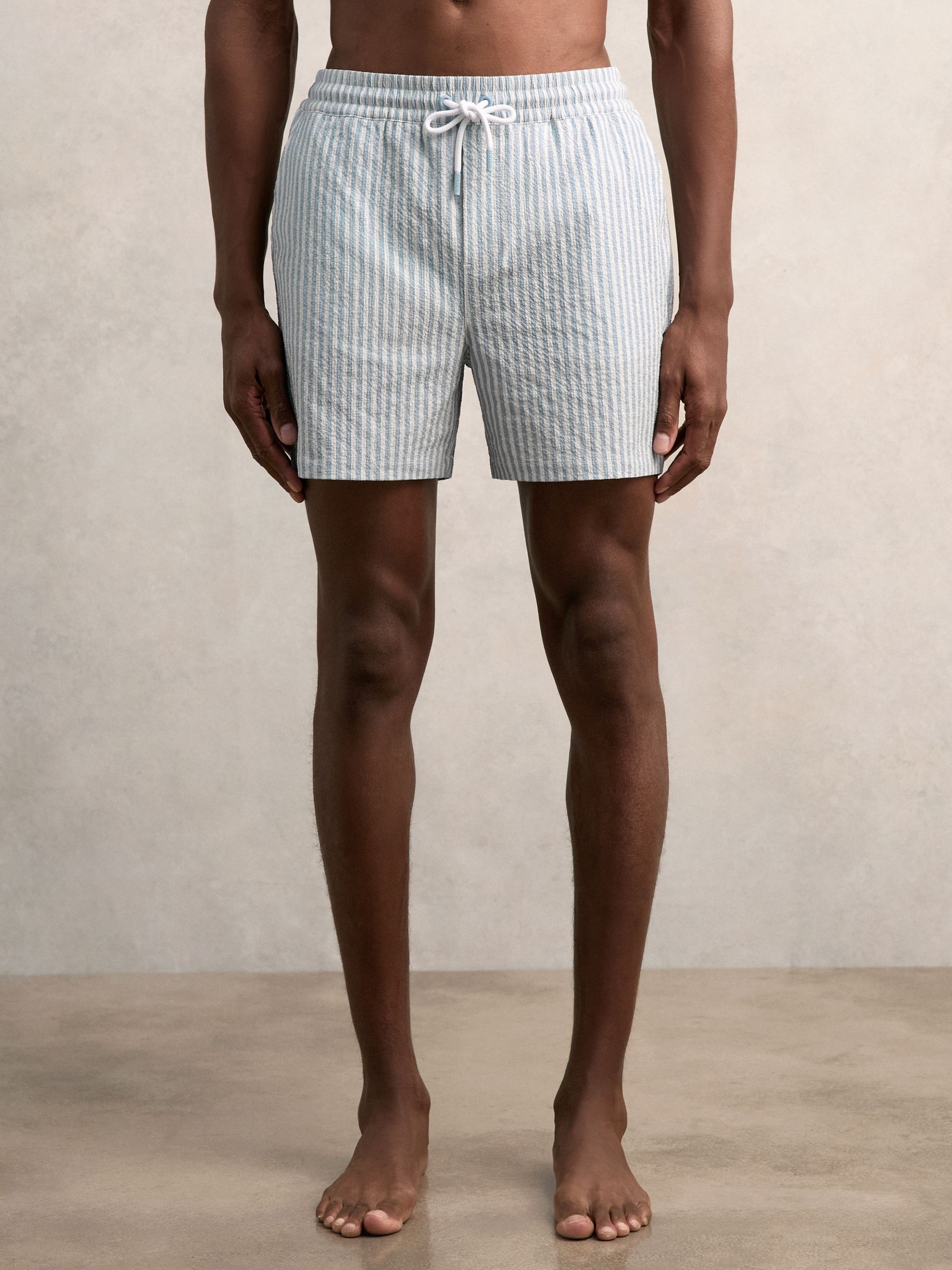 Seersucker Stripe Swim Shorts in Soft Blue/White
