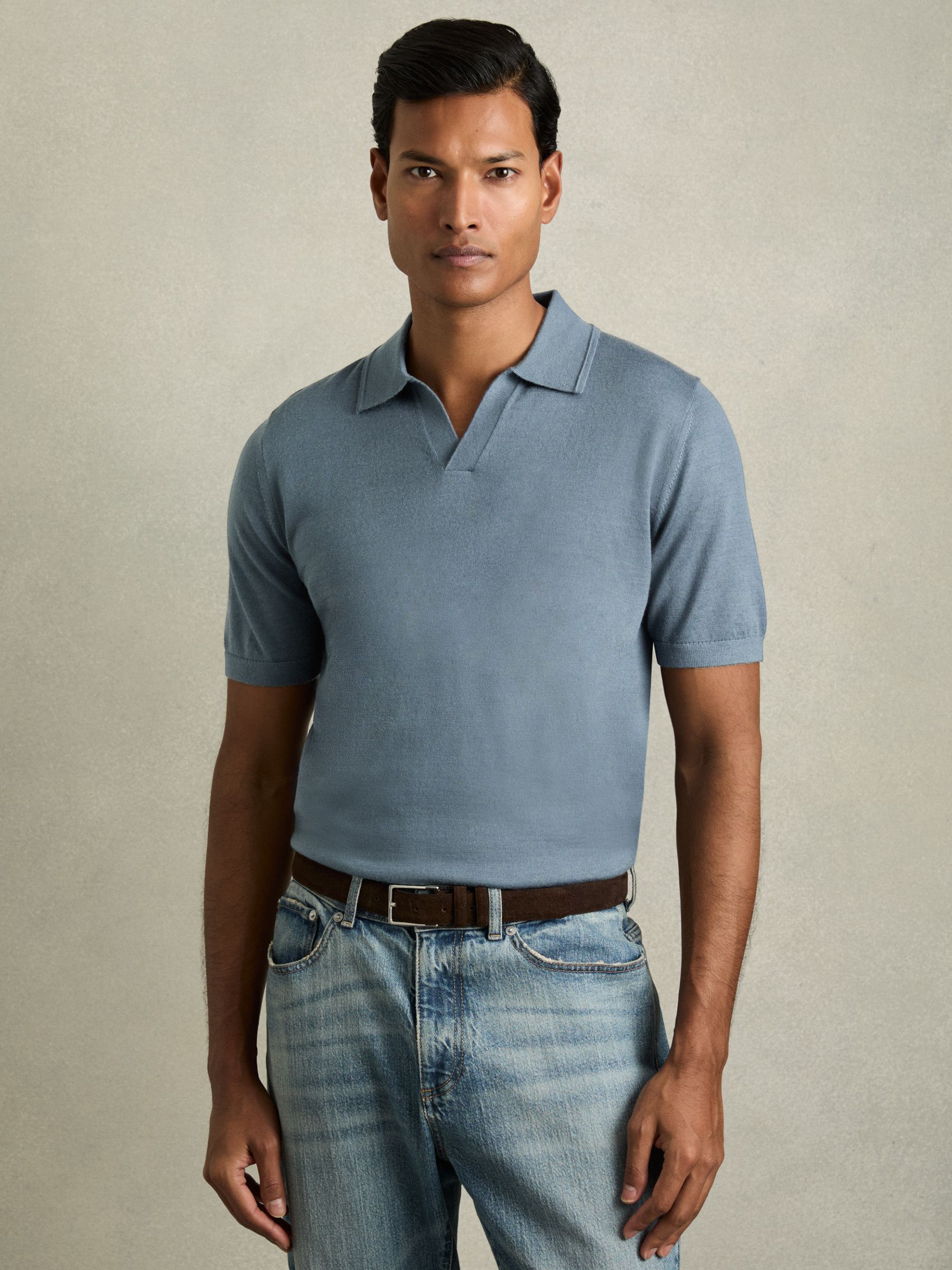 Merino Wool Open Collar Polo Shirt in Airforce Blue