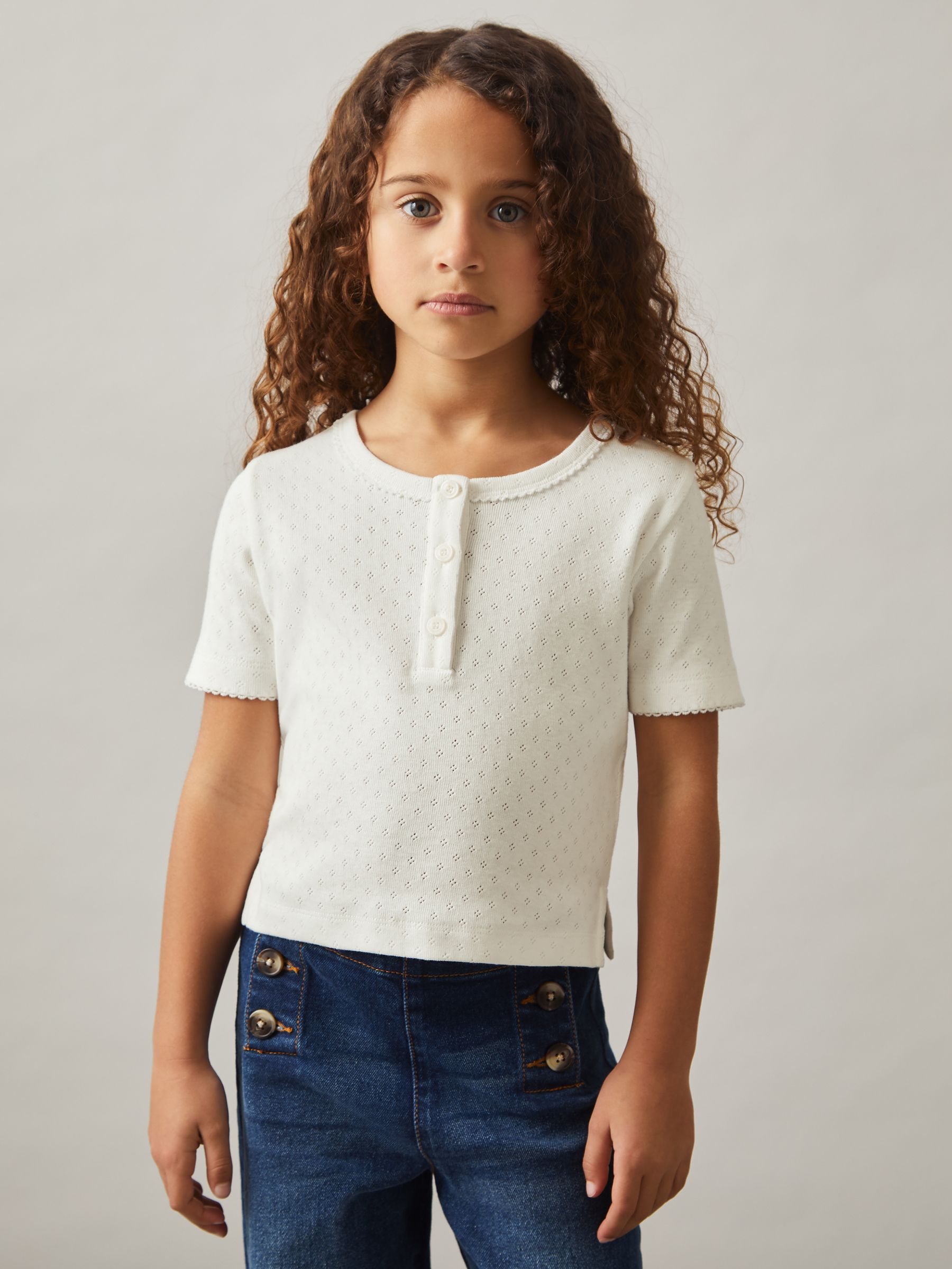 9-13 yrs Cotton Pointelle Button T-Shirt in Ivory