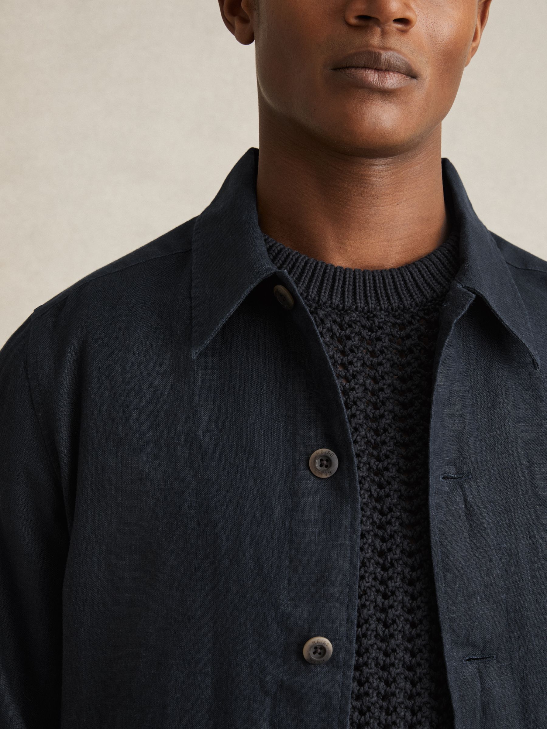 Linen Elasticated Hem Overshirt in Navy