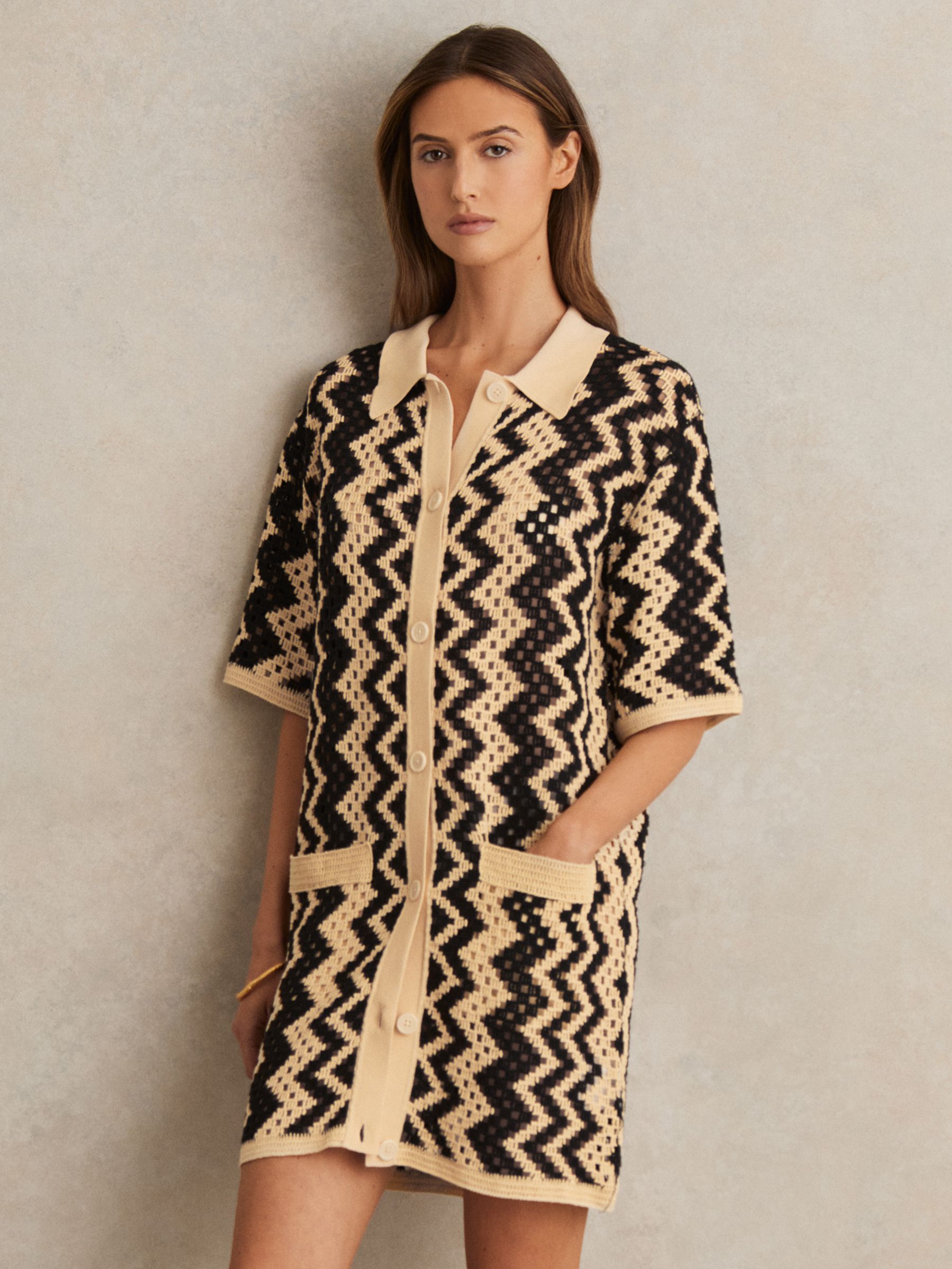 Cotton Blend Patterned Crochet Dress in Black/Cream