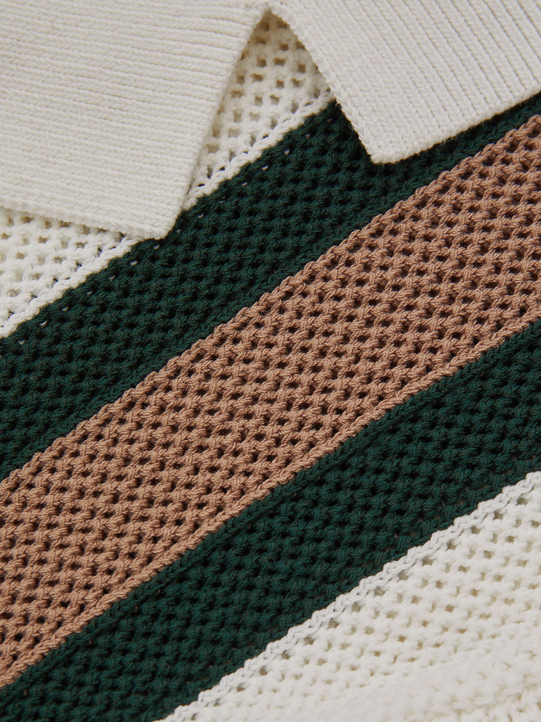 Reiss | Ché Knitted Contrast Stripe Cuban Collar Shirt in White/Dark Green