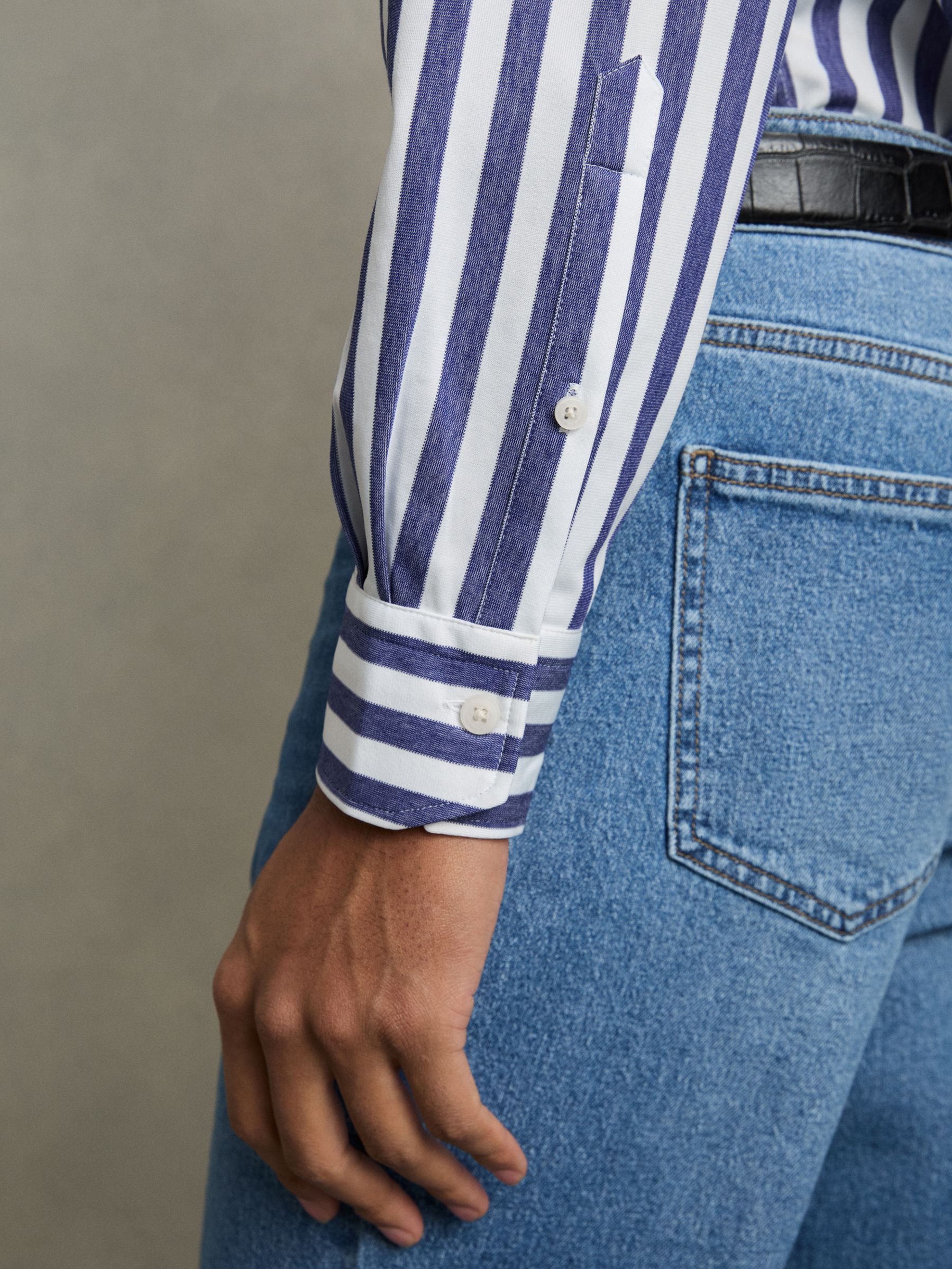 Striped Jersey Button-Down Shirt With Cotton in Blue Stripe