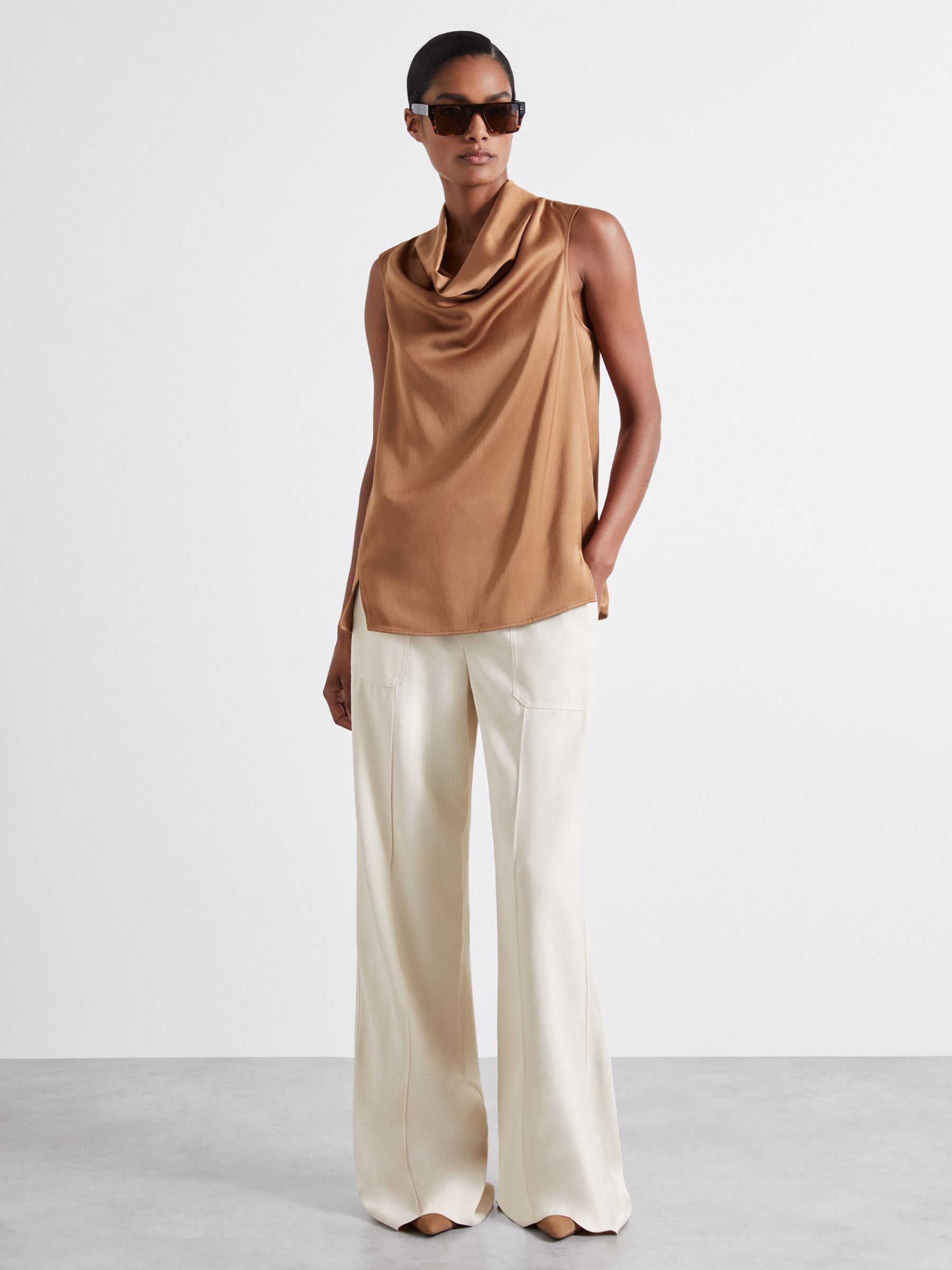 Atelier Satin Cowl-Neck Top in Tan
