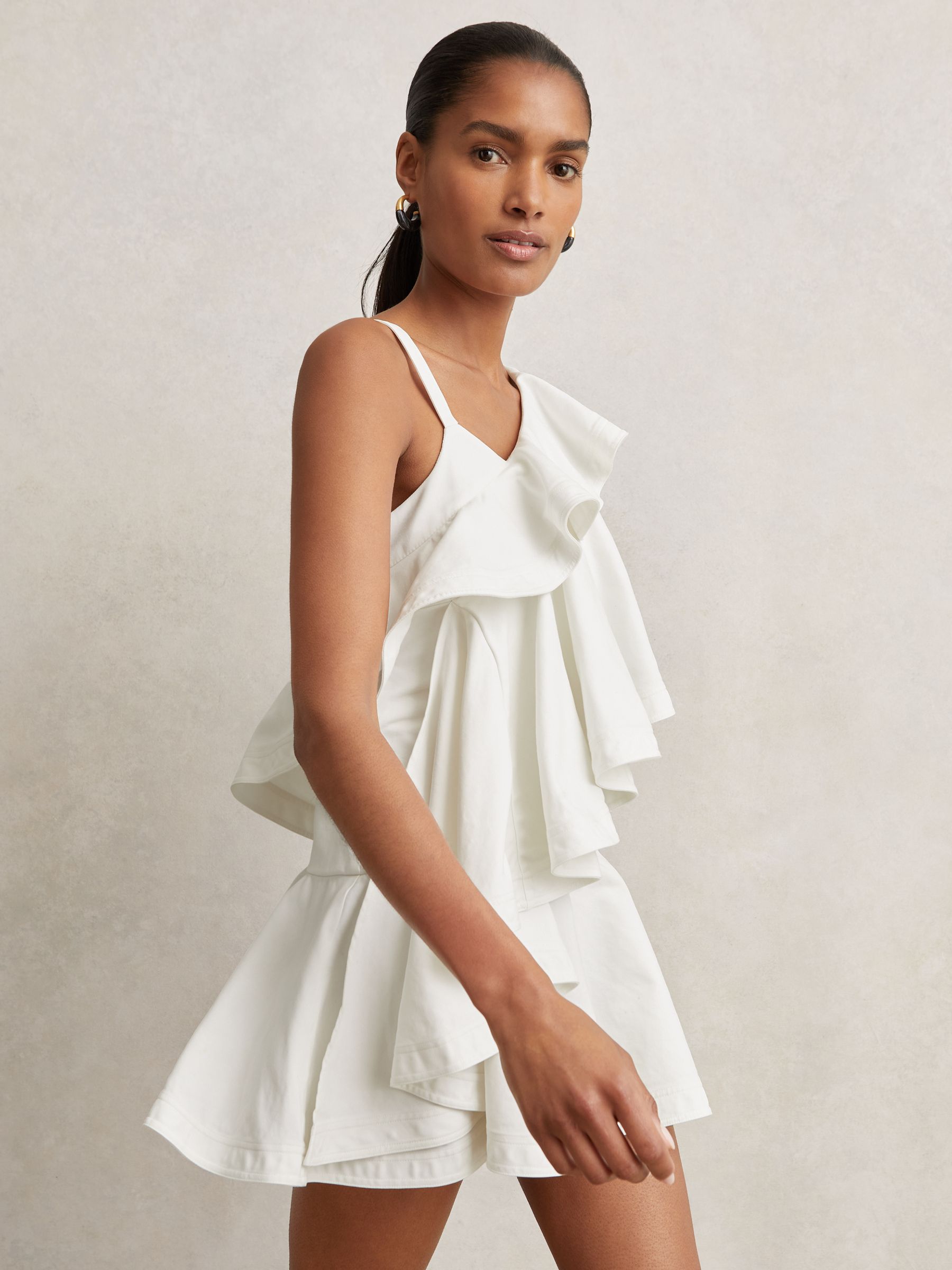 Cotton Tiered Ruffle Mini Dress in Ivory