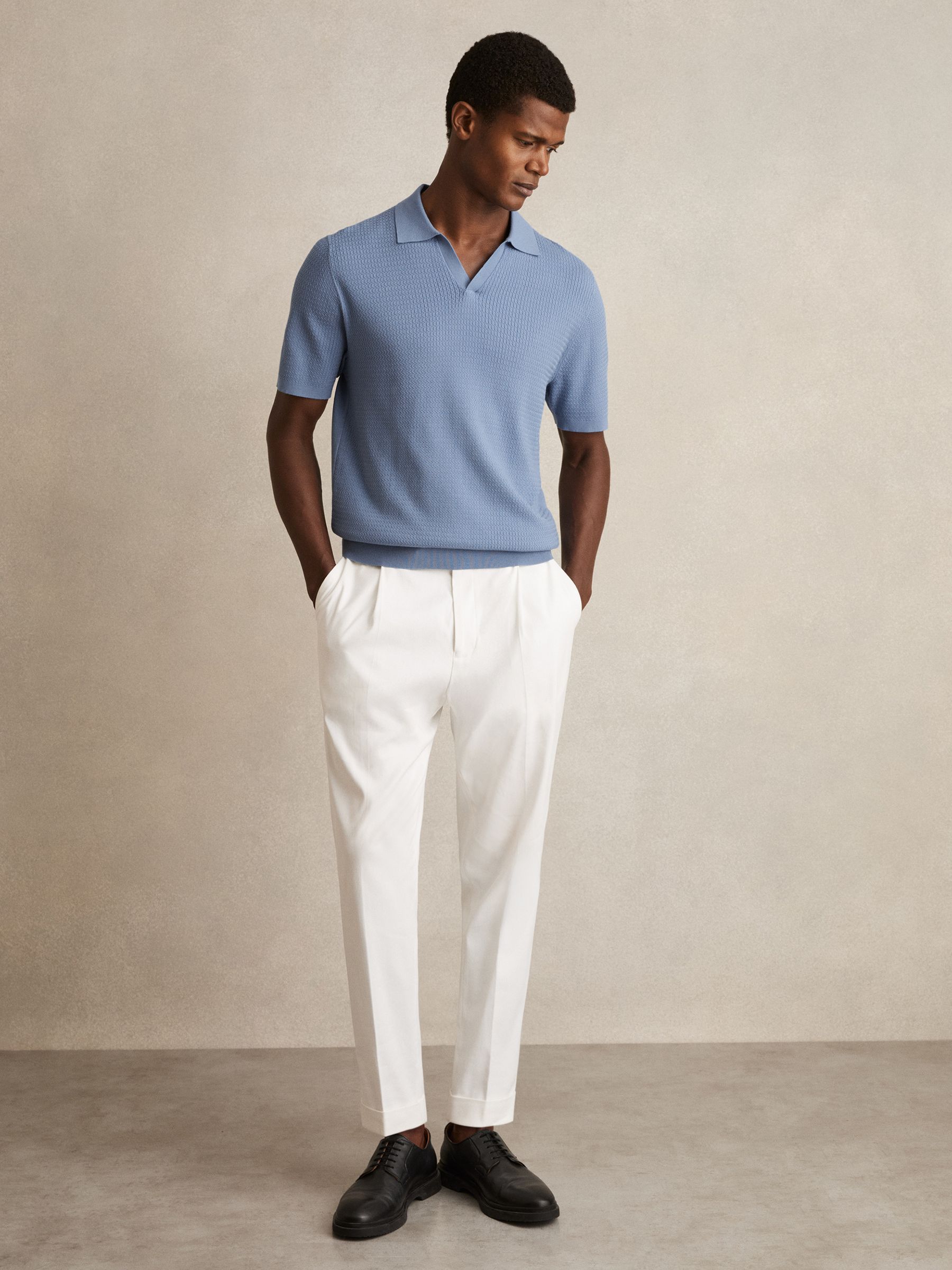 Open-Collar Knit Polo Shirt in Cornflower Blue